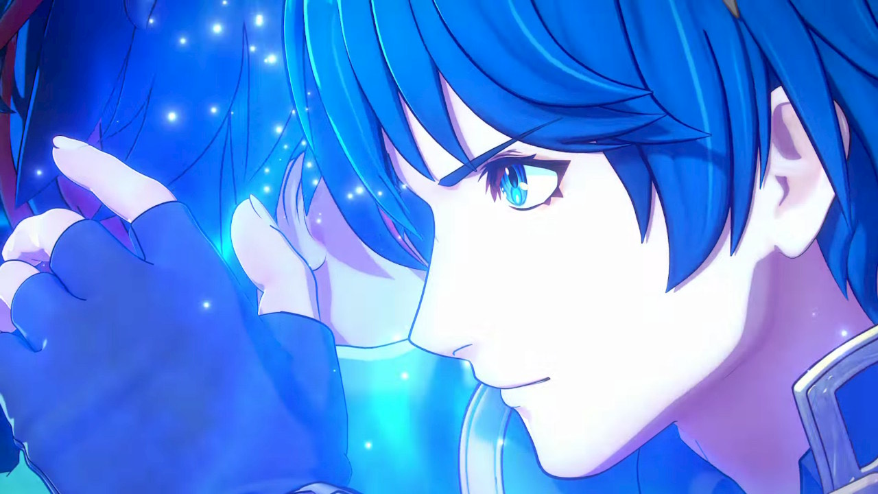 A close up on Marth’s face as Alear engages his Emblem ring in Fire Emblem Engage