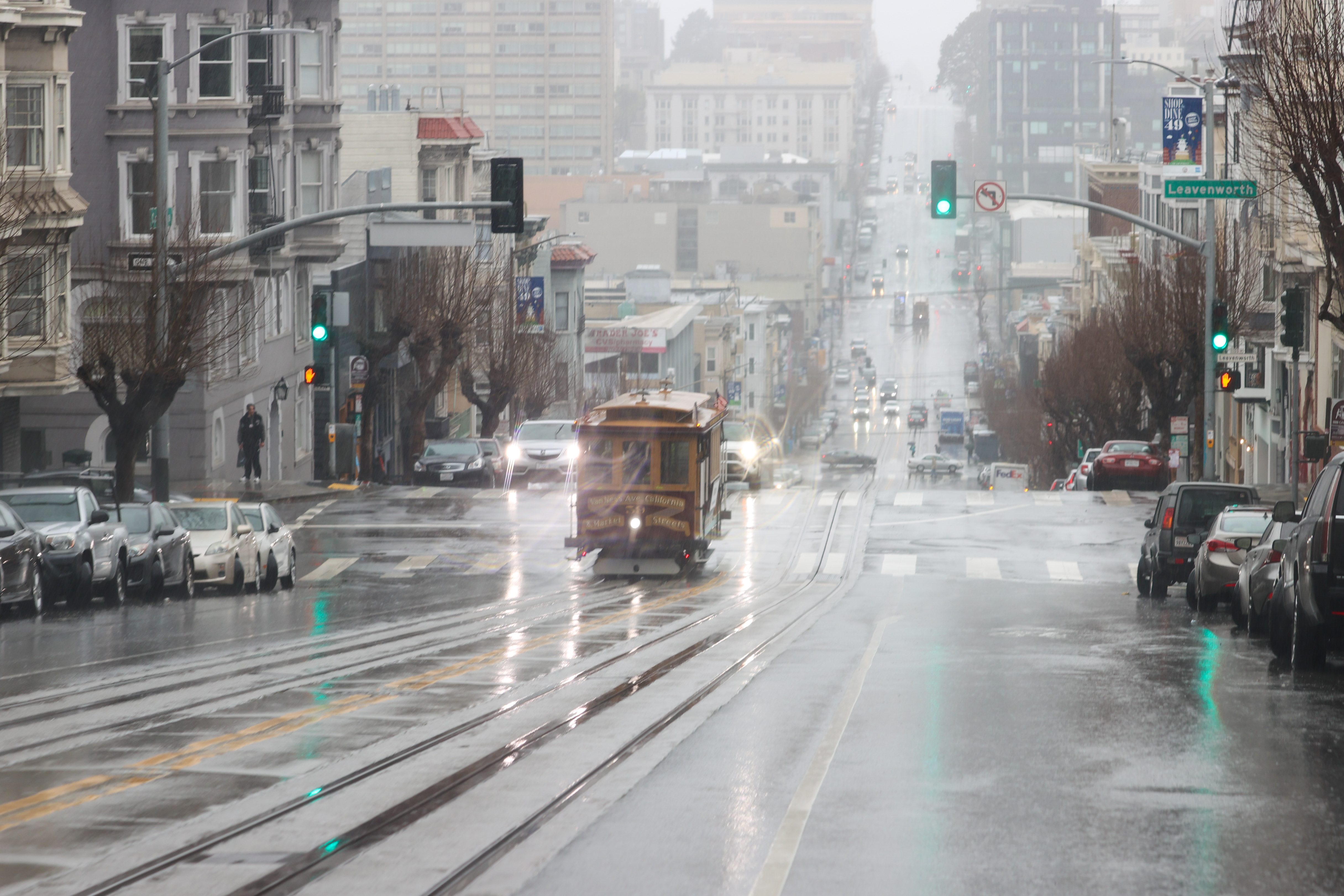 A view of a cable car on California Street in San Francisco on January 11, 2023, as atmospheric river storms hit California, United States.