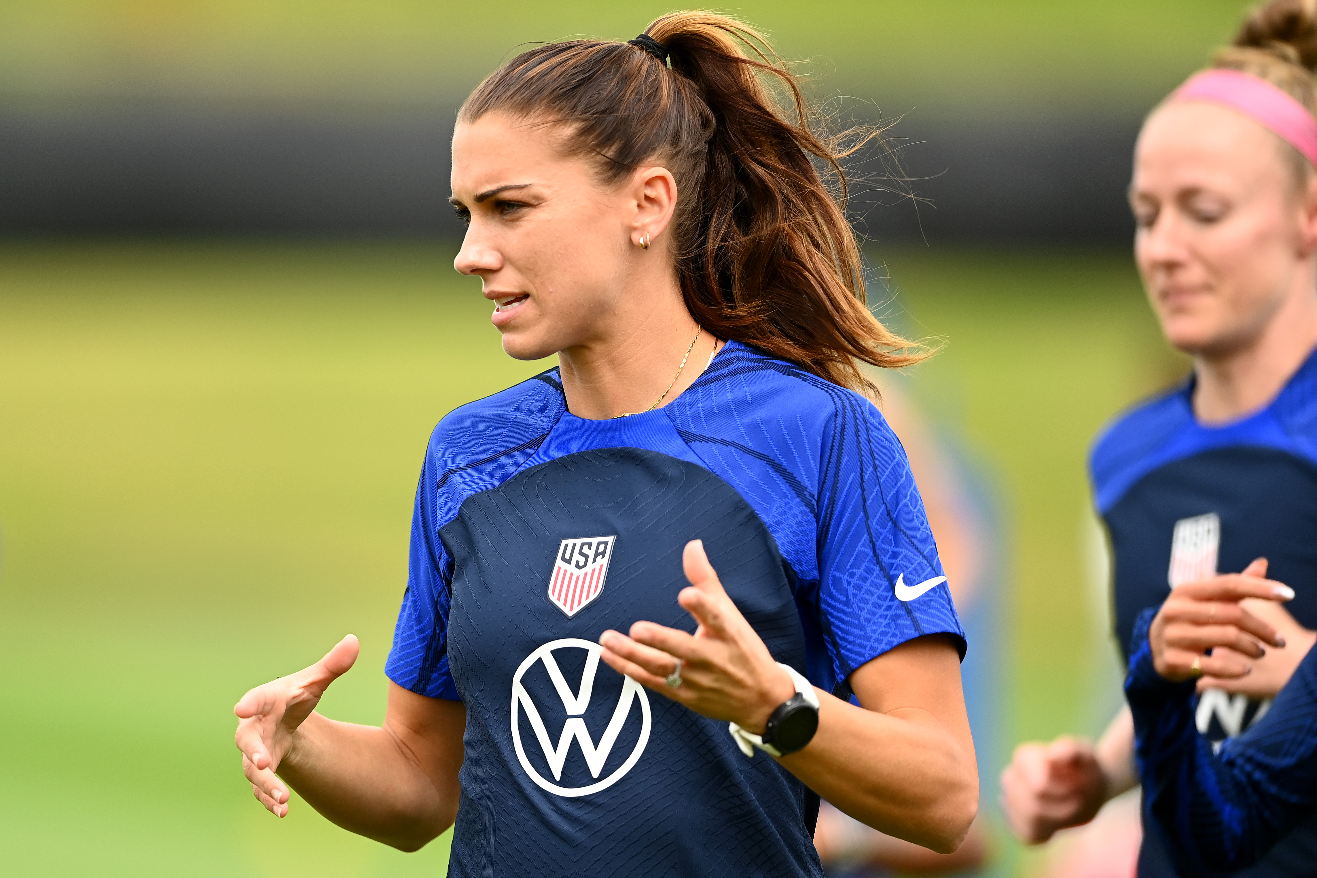 Alex Morgan runs through training drills during a USA National Womens Team player training camp at North Harbour Stadium on January 13, 2023 in Auckland, New Zealand.