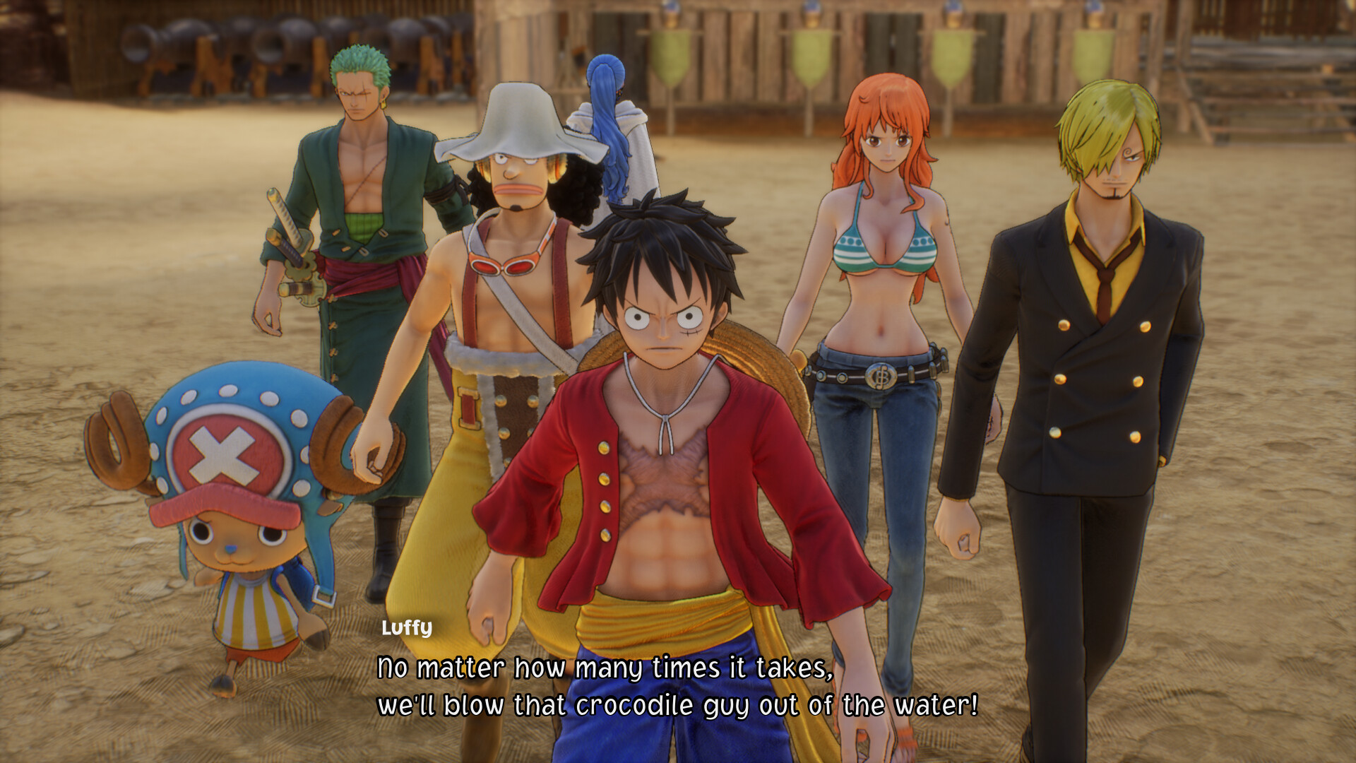 The Straw hats look at the camera during a cutscene in One Piece Odyssey