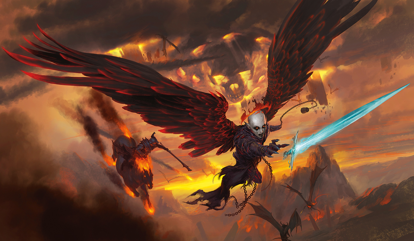 Cover art for D&amp;D’s Baldur’s Gate: Descent into Avernus. Archdevil Zariel reaches for her sword—a reminder of her angelic origins—as her evil henchman Haruman follows her into damnation.