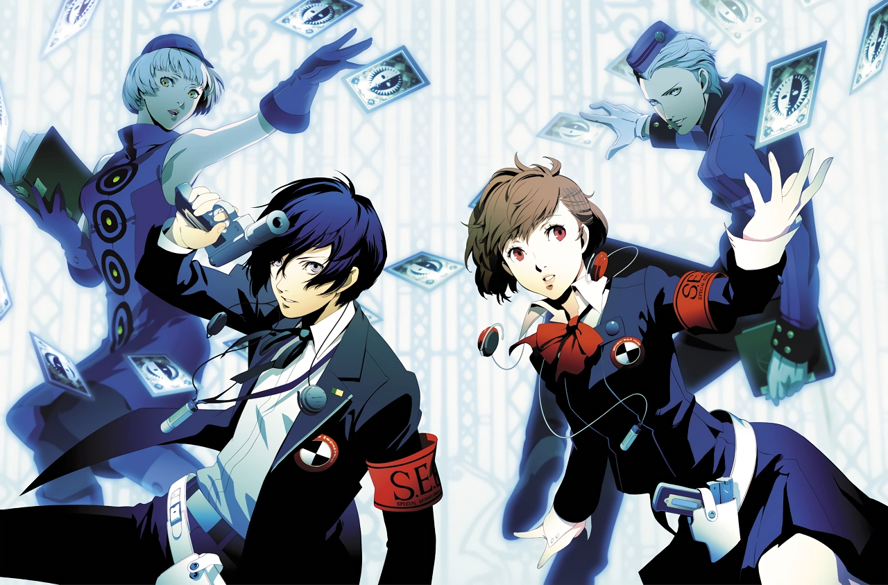 The two Persona 3 protagonists with Elizabeth and Theodore behind them