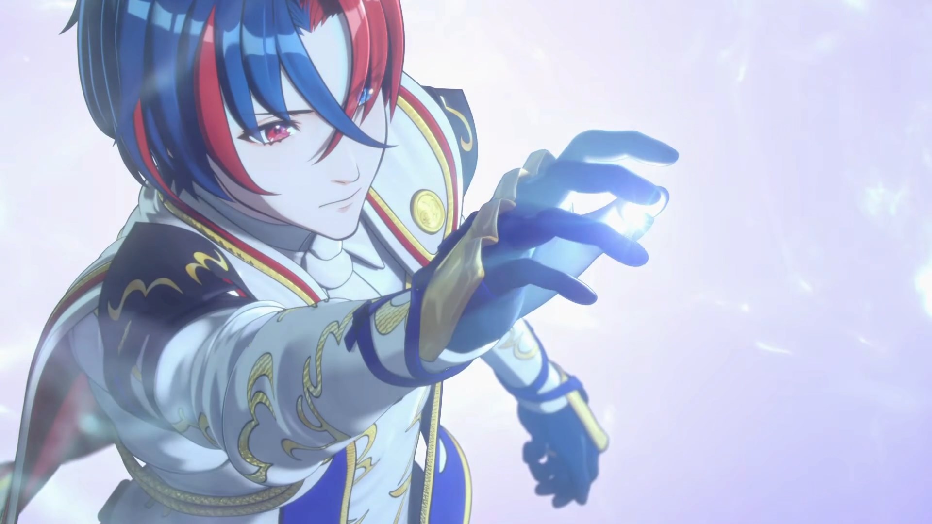 Boy with red and blue hair reaching for a glowing ring in front of them