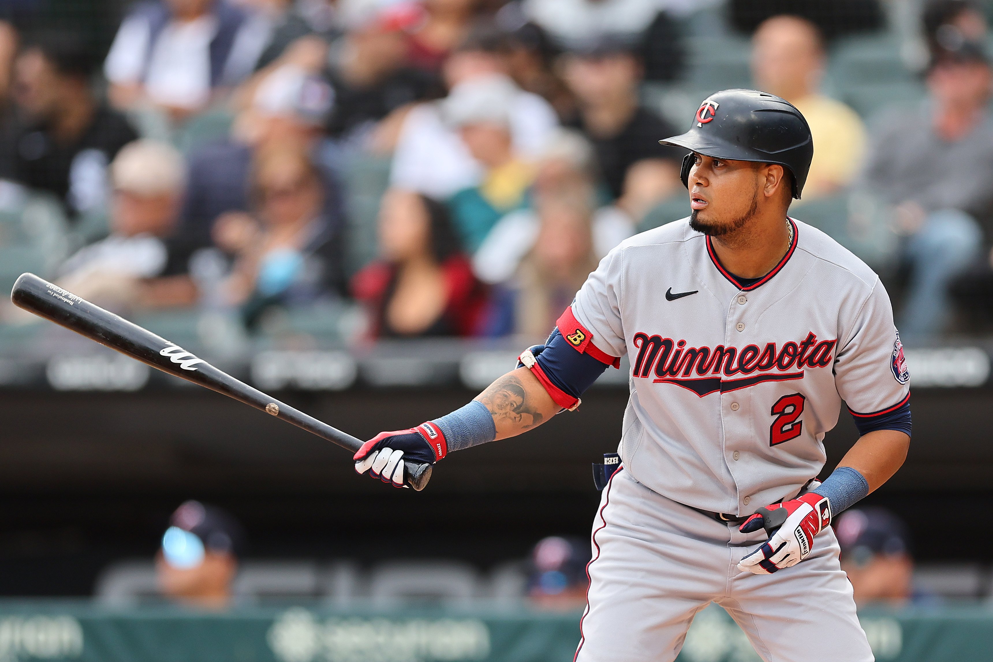 Luis Arraez #2 of the Minnesota Twins at bat against the Chicago White Sox during the second inning at Guaranteed Rate Field on October 05, 2022 in Chicago, Illinois.