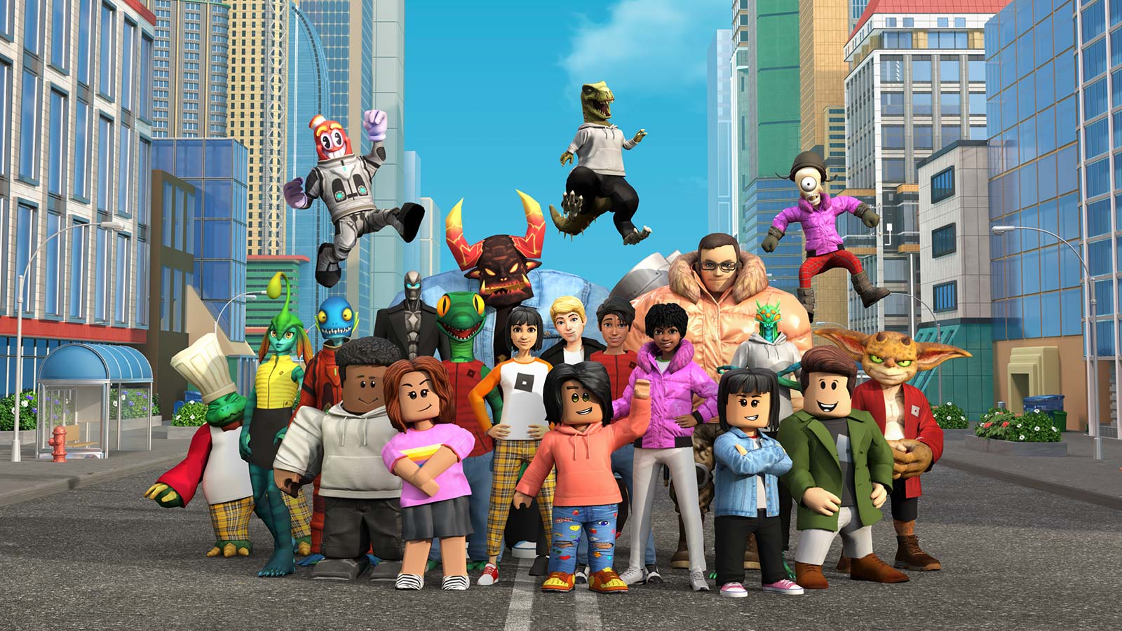 An image of a dozens of Roblox characters standing in front of a virtual city. There are all kinds of characters — some look like the typical Lego-like characters, and others look like cartoon characters.