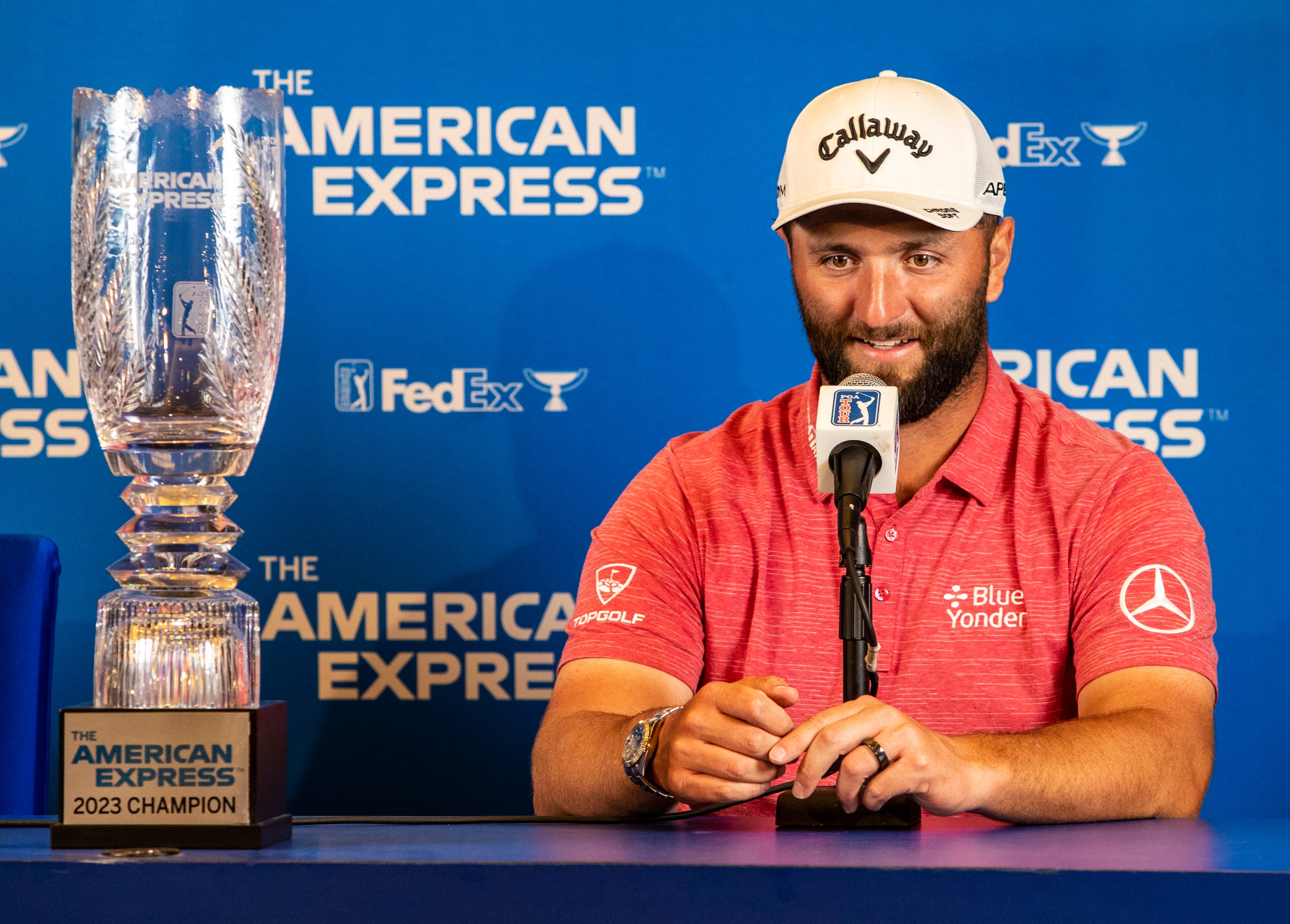 Jon Rahm speaks to members of the media in a conference after winning The American Express at PGA West in La Quinta, Calif., Sunday, Jan. 22, 2023.