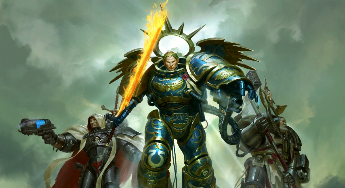 Warhammer 40,000: Roboute Guilliman, Primarch of the Ultramarines, surges forward in battle clad in the blue and gold armor of fate and wielding the Emperor’s flaming sword.