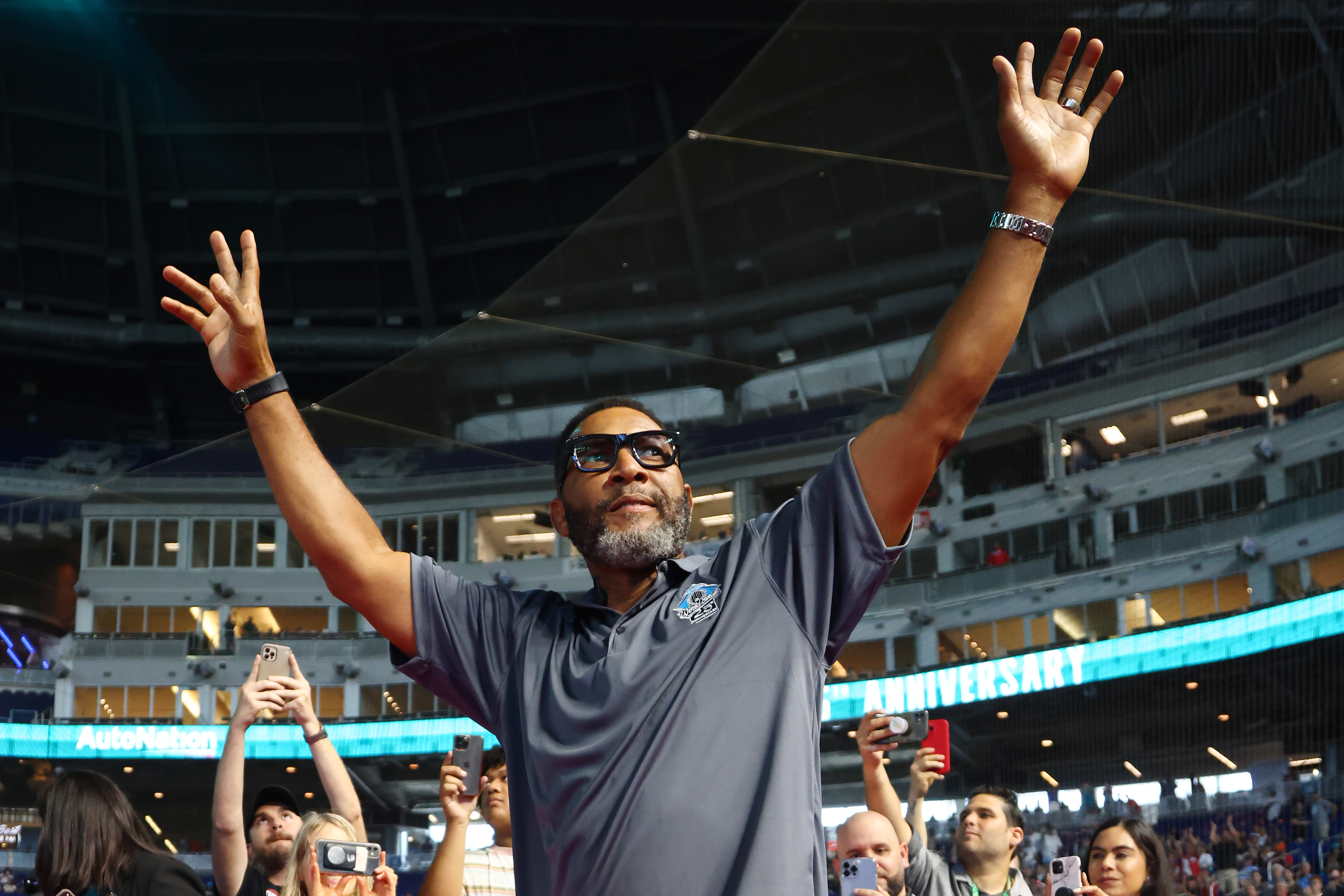 Gary Sheffield waves as he is introduced during a ceremony to honor the 25th Anniversary of the 1997 World Series Champion Florida Marlins prior to the game between the Miami Marlins and the Milwaukee Brewers at loanDepot park on May 14, 2022 in Miami, Florida.