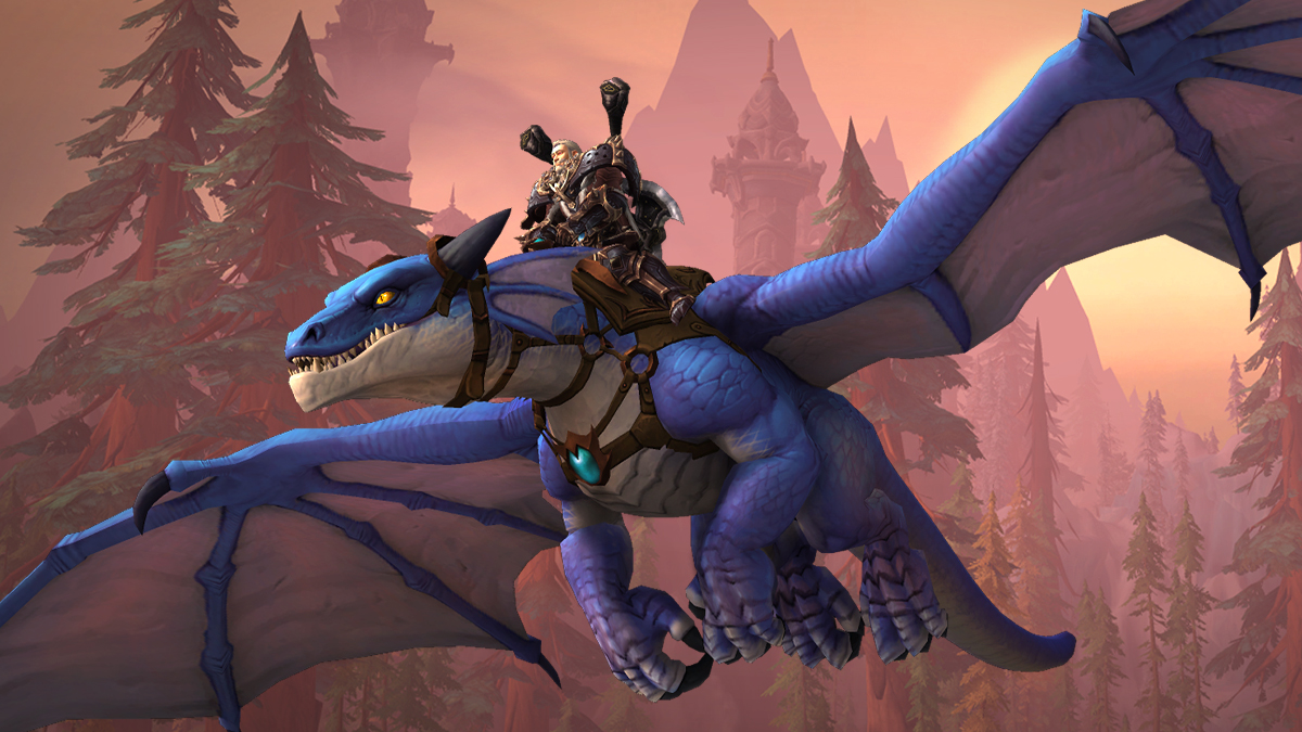 A player character riding on the back of a winged blue-skinned Drake in World of Warcraft: Dragonflight.