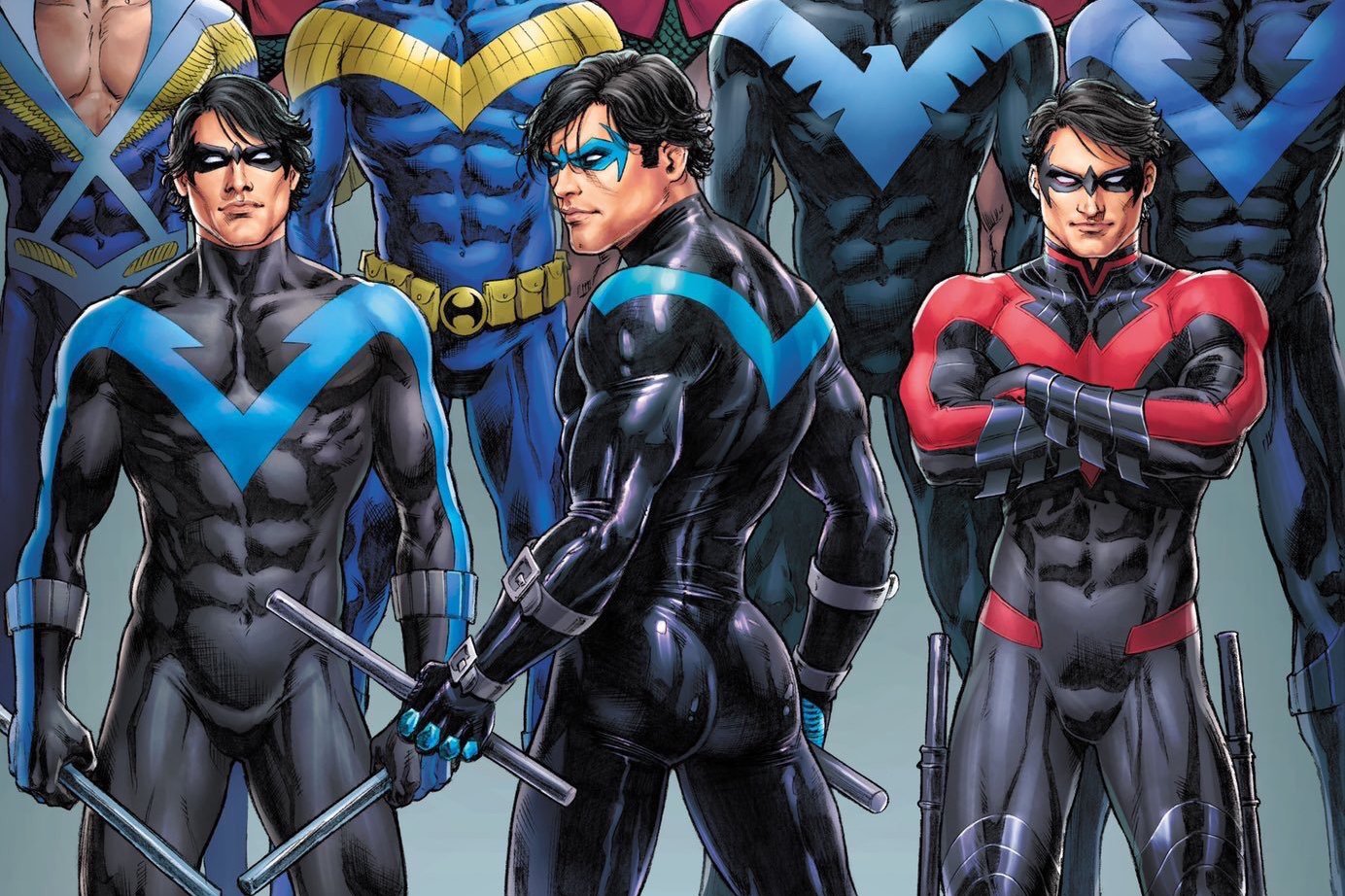 Art of Nightwing through his various costumes and eras. In most cases he is posed facing the camera, except for center front, where he has his back to the viewer, looking over his shoulder. His rear is lovingly rendered.