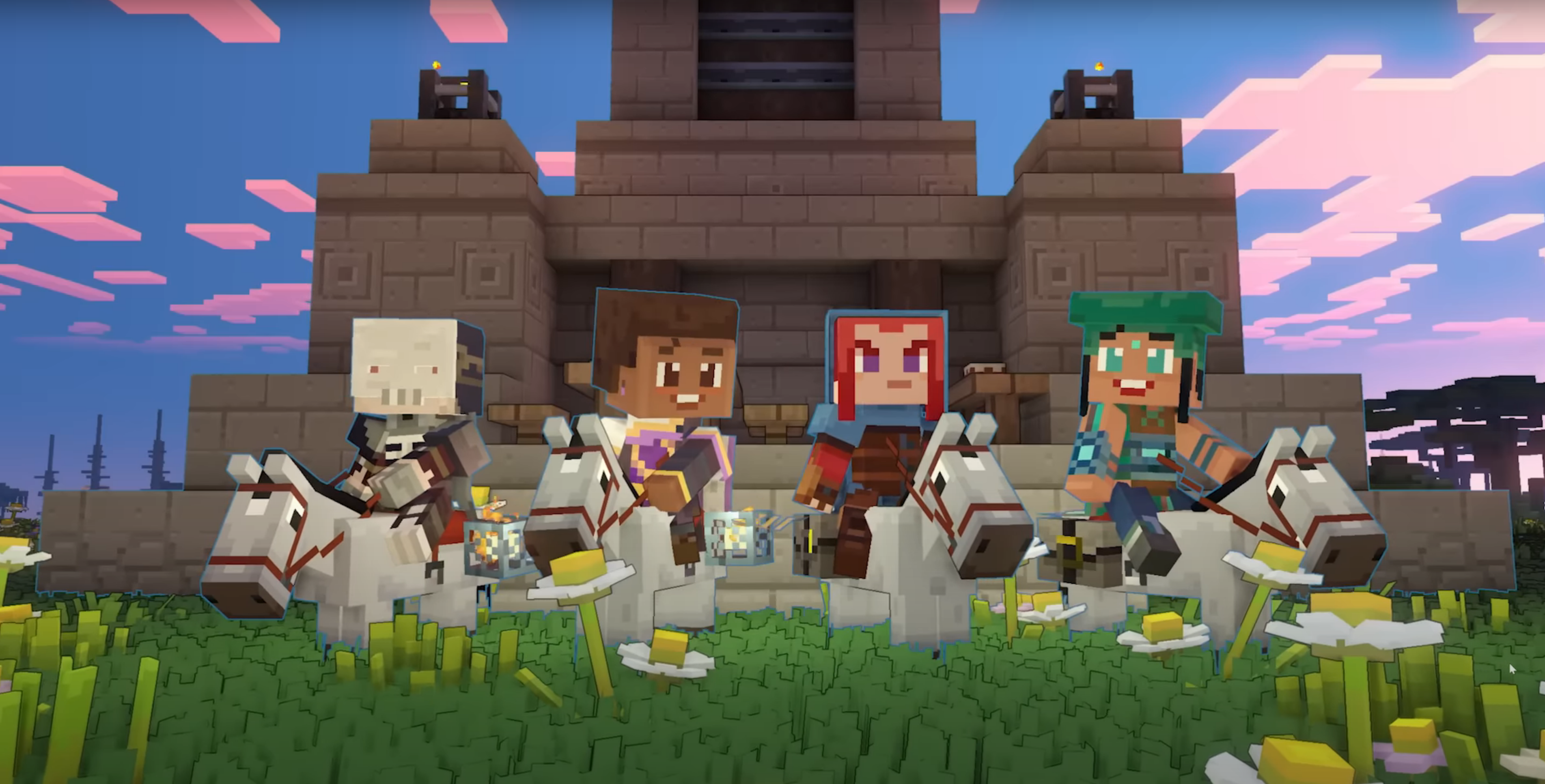 Minecraft Legends characters, in the game’s multiplayer mode, face the camera while riding various mounts