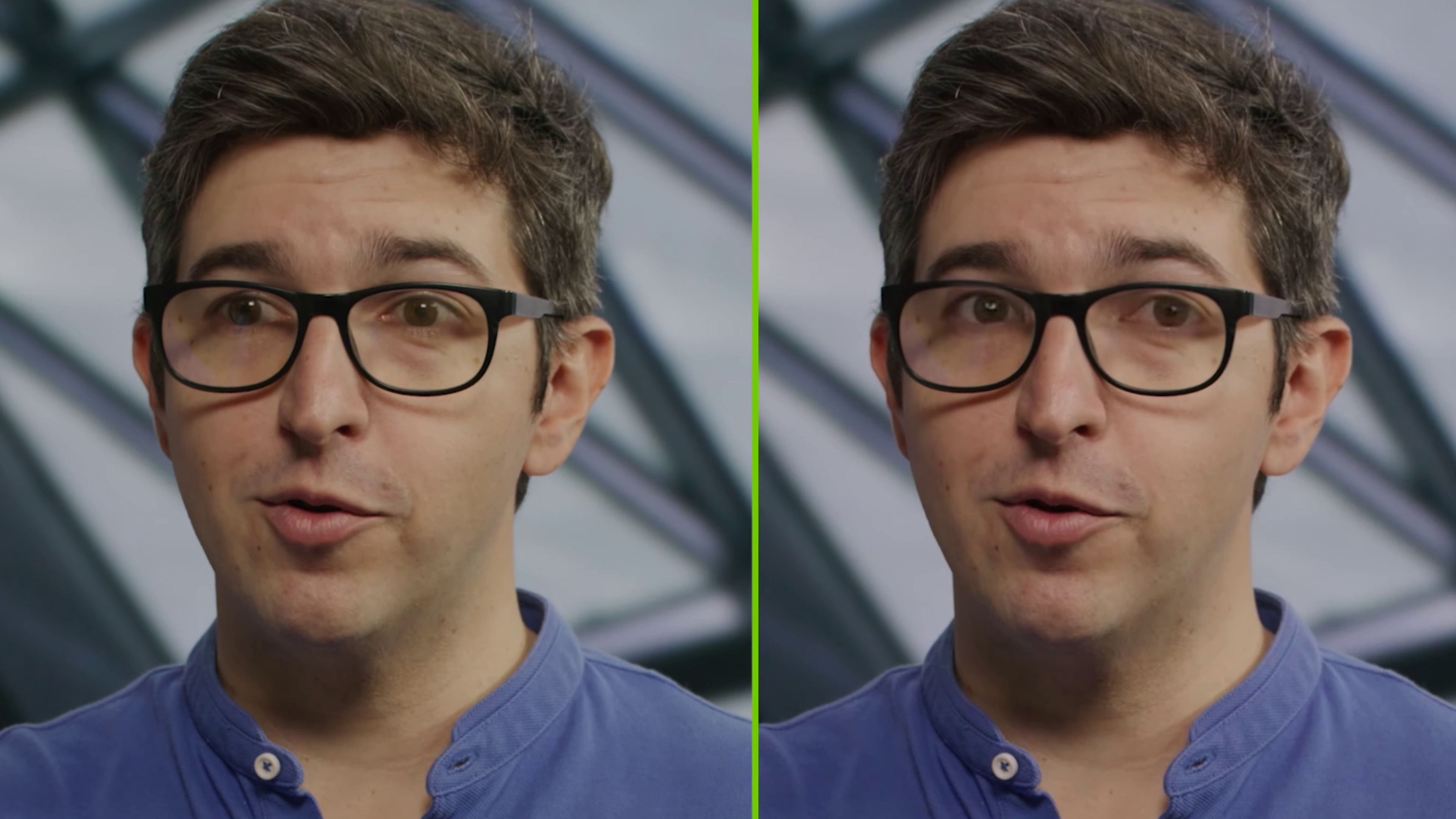 A still from a video demo of Nvidia’s new eye-contact AI. There is a comparison feed of two videos, On the left there is a photo of guy looking away from the center of the camera, and on the right the person is looking directly into it.