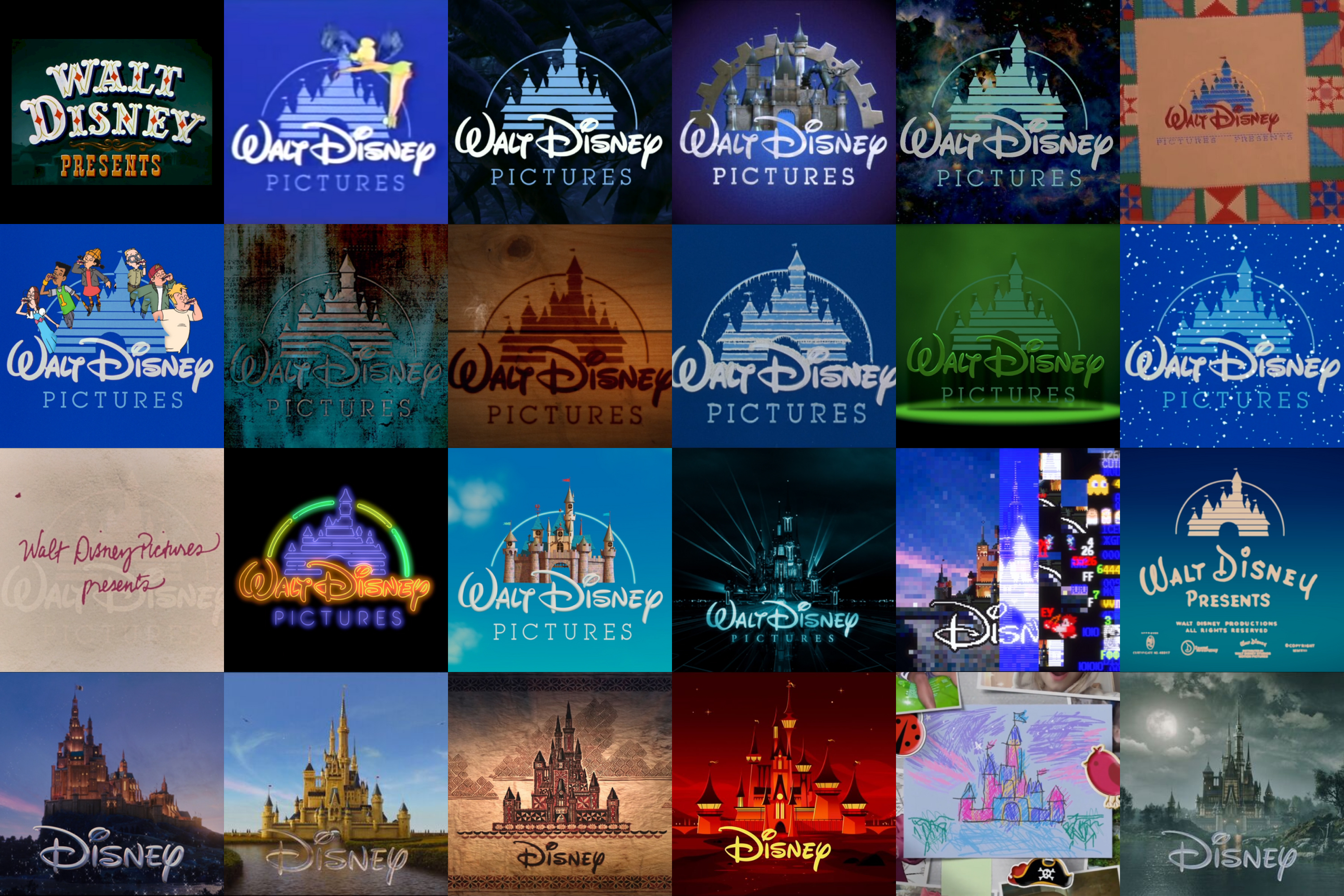 A mosaic of Walt Disney Pictures logos rendered in different animation styles from the last 100 years 
