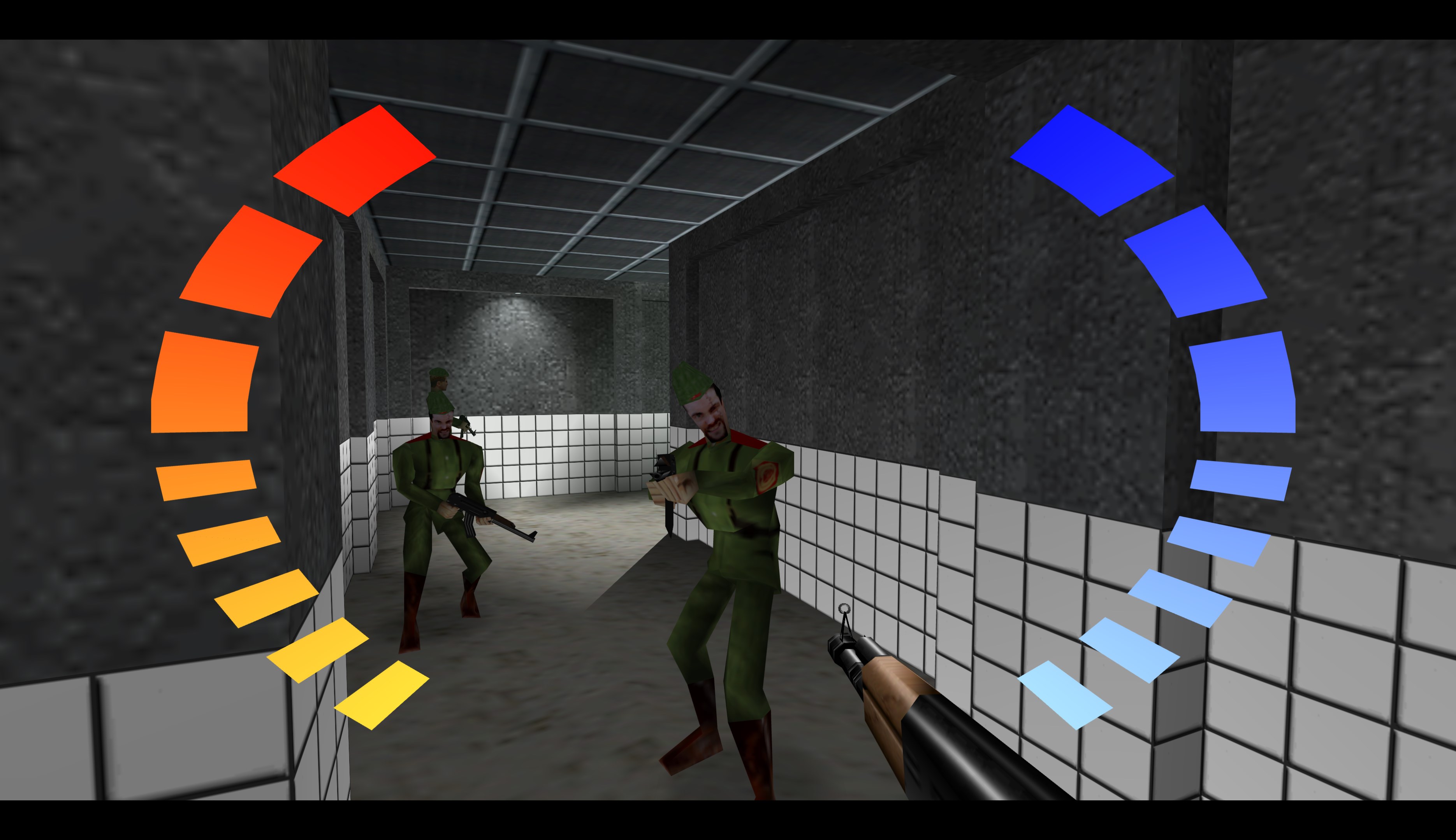 Two blocky looking soldiers approach down a corridor, towards the muzzle of an AK47, with health gauges on the screen, in GoldenEye