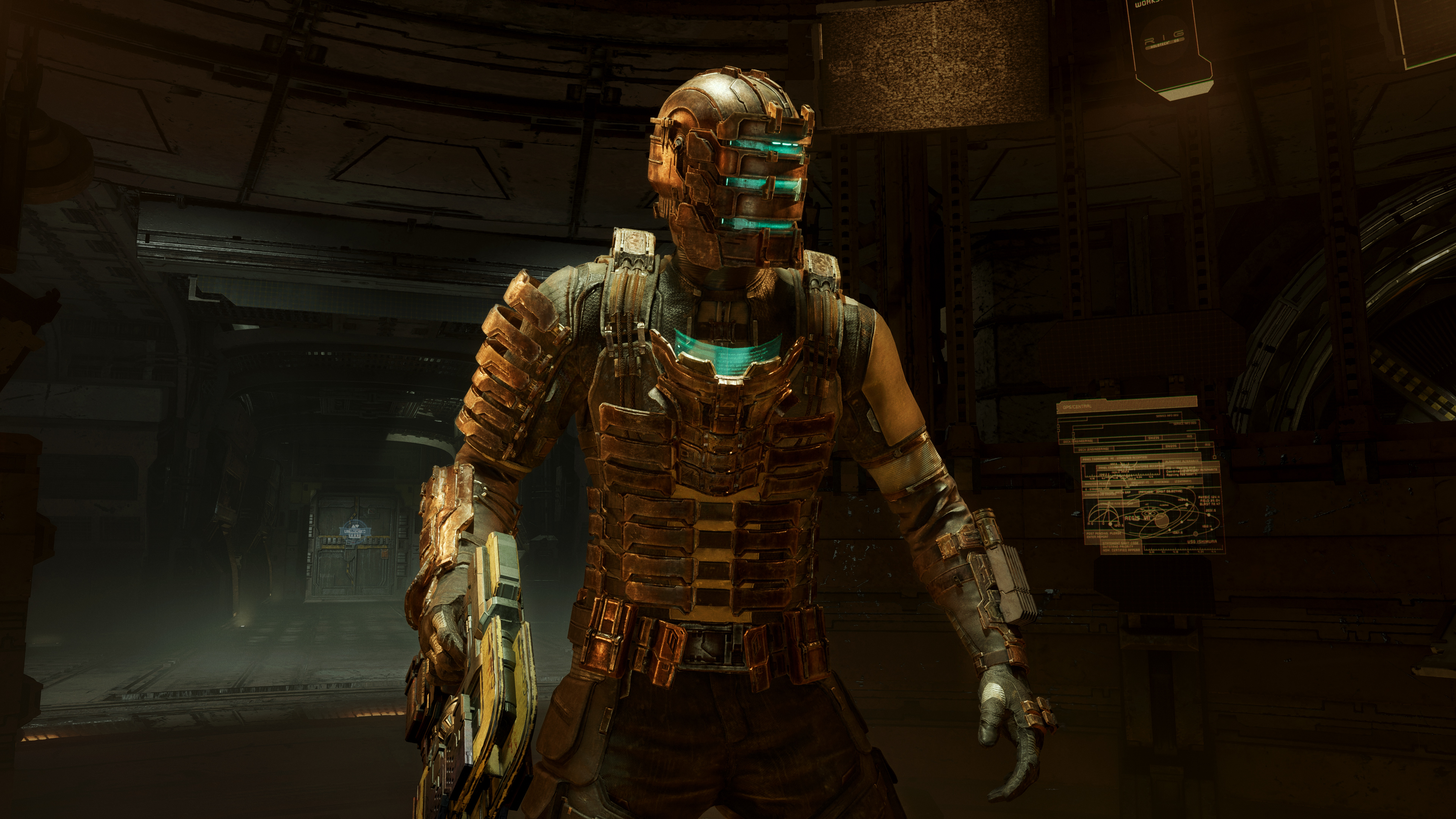 A screenshot of Isaac Clarke in his full RIG suit from the Dead Space remake
