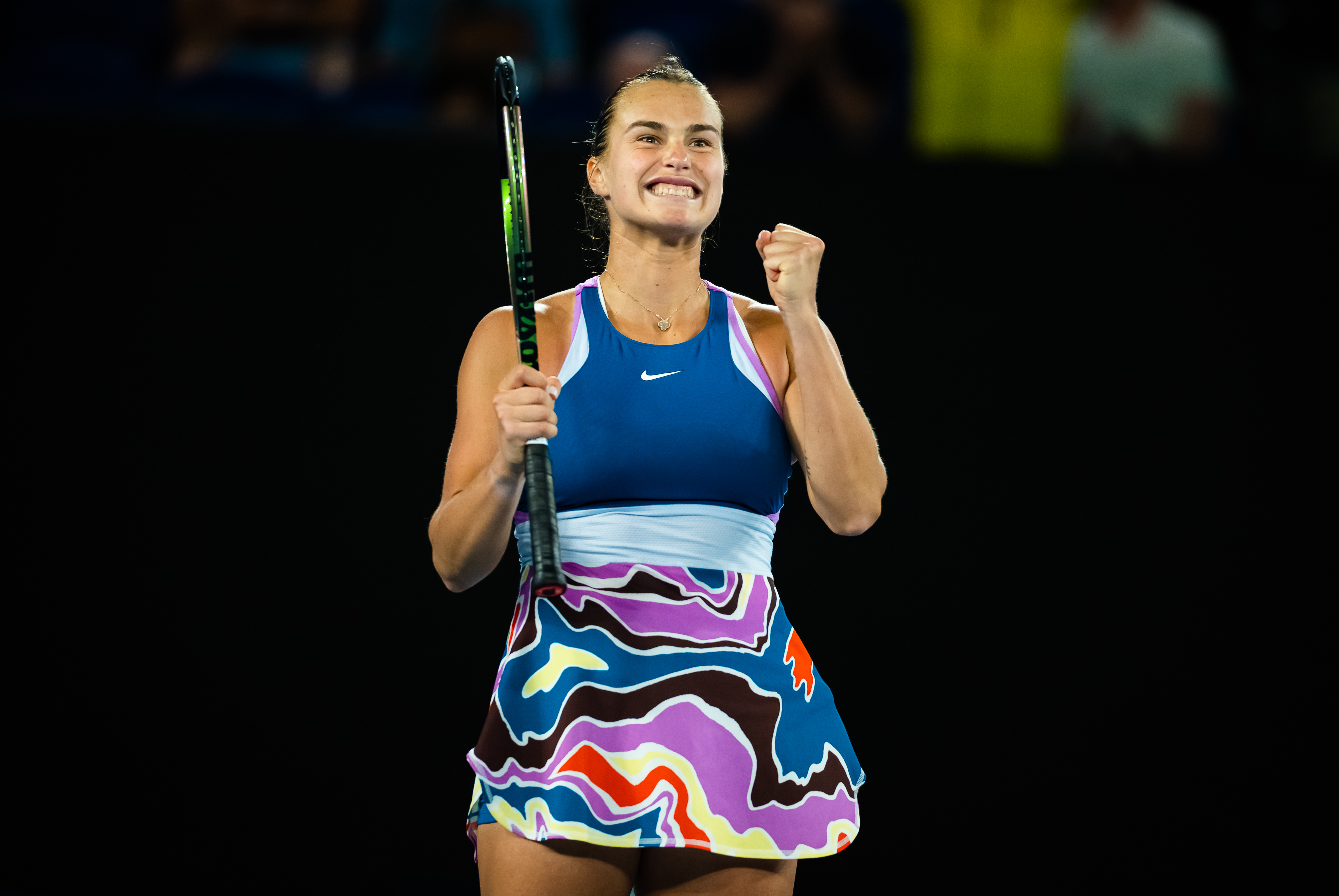 Aryna Sabalenka of Belarus reacts to converting match point against Magda Linette of Poland in her semi-final match on Day 11 of the 2023 Australian Open at Melbourne Park on January 26, 2023 in Melbourne, Australia.