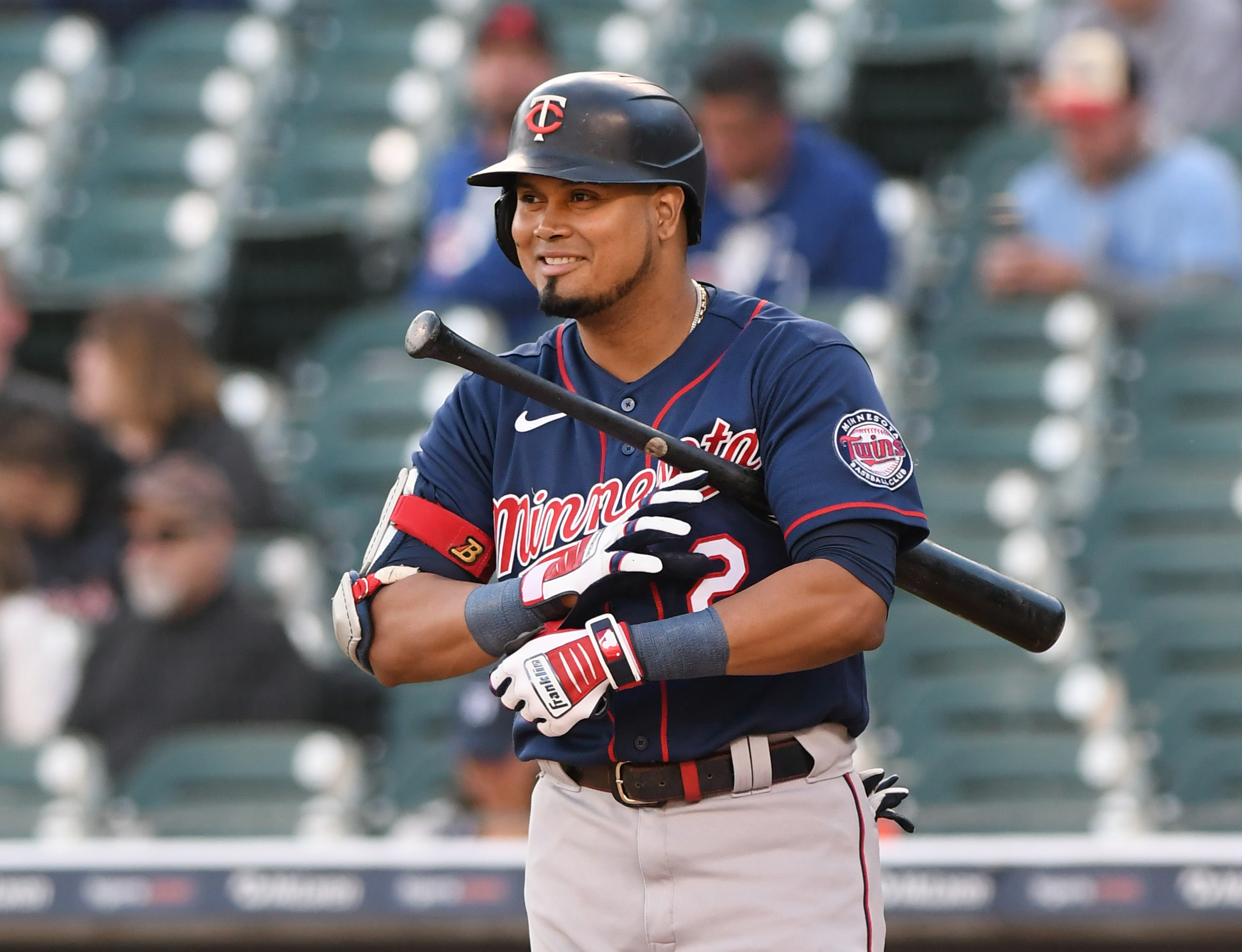 Luis Arraez #2 of the Minnesota Twins looks on while batting during the game against the Detroit Tigers at Comerica Park on October 1, 2022 in Detroit, Michigan. The Tigers defeated the Twins 3-2.
