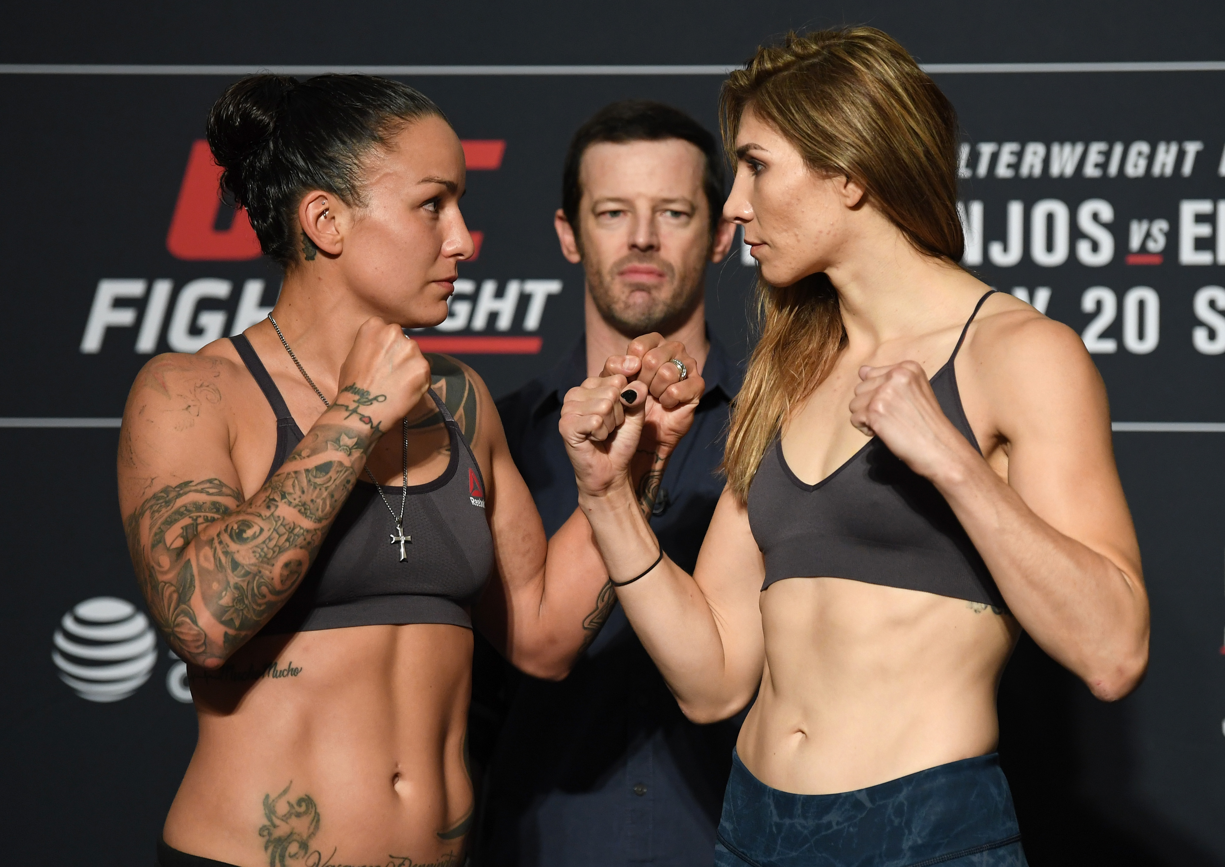 Raquel Pennington and Irene Aldana at weigh-ins for UFC on ESPN 4. 