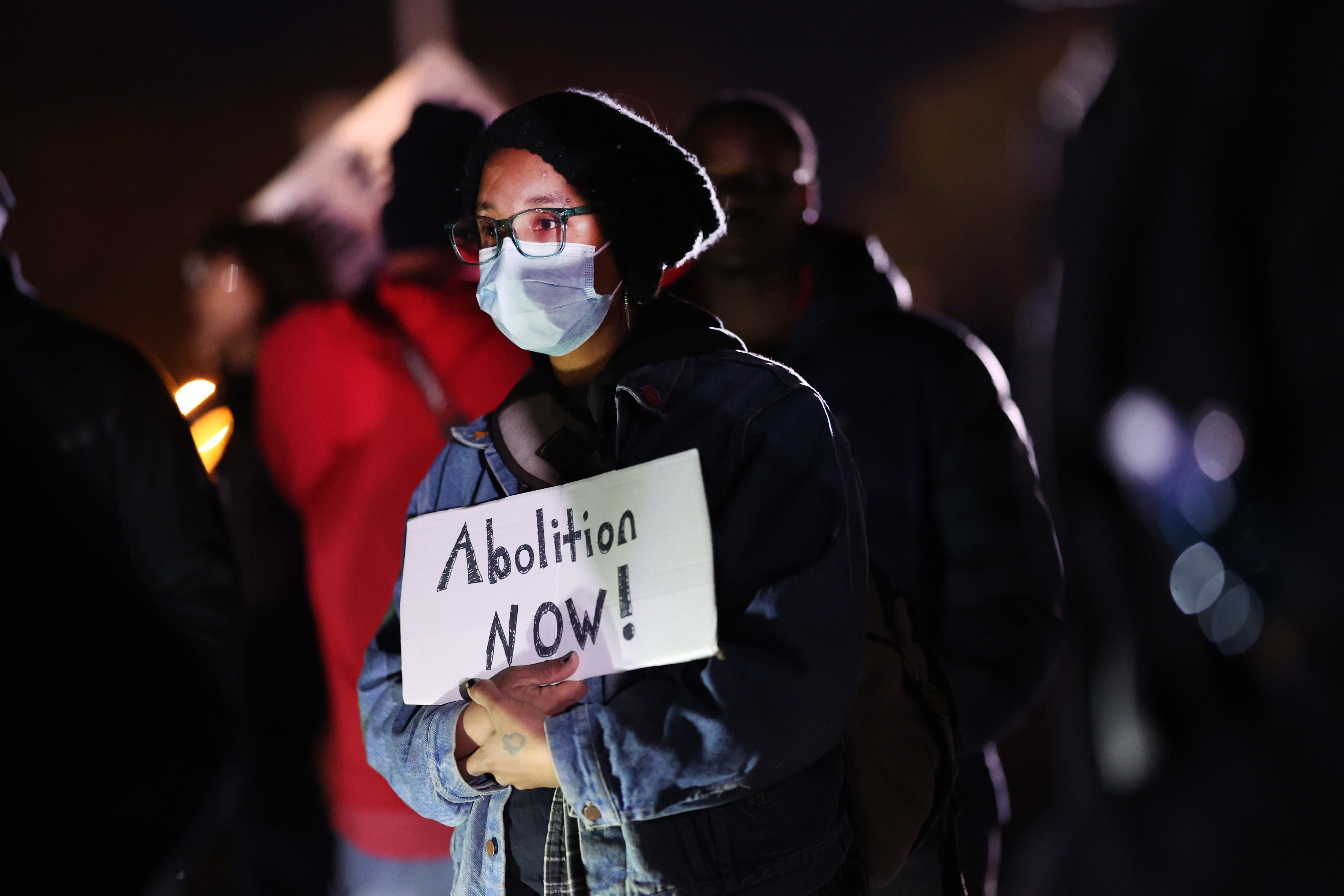 A demonstrator holds a sign reading “Abolition NOW!” at a protest over the death of Tyre Nichols in Memphis, Tennessee. 