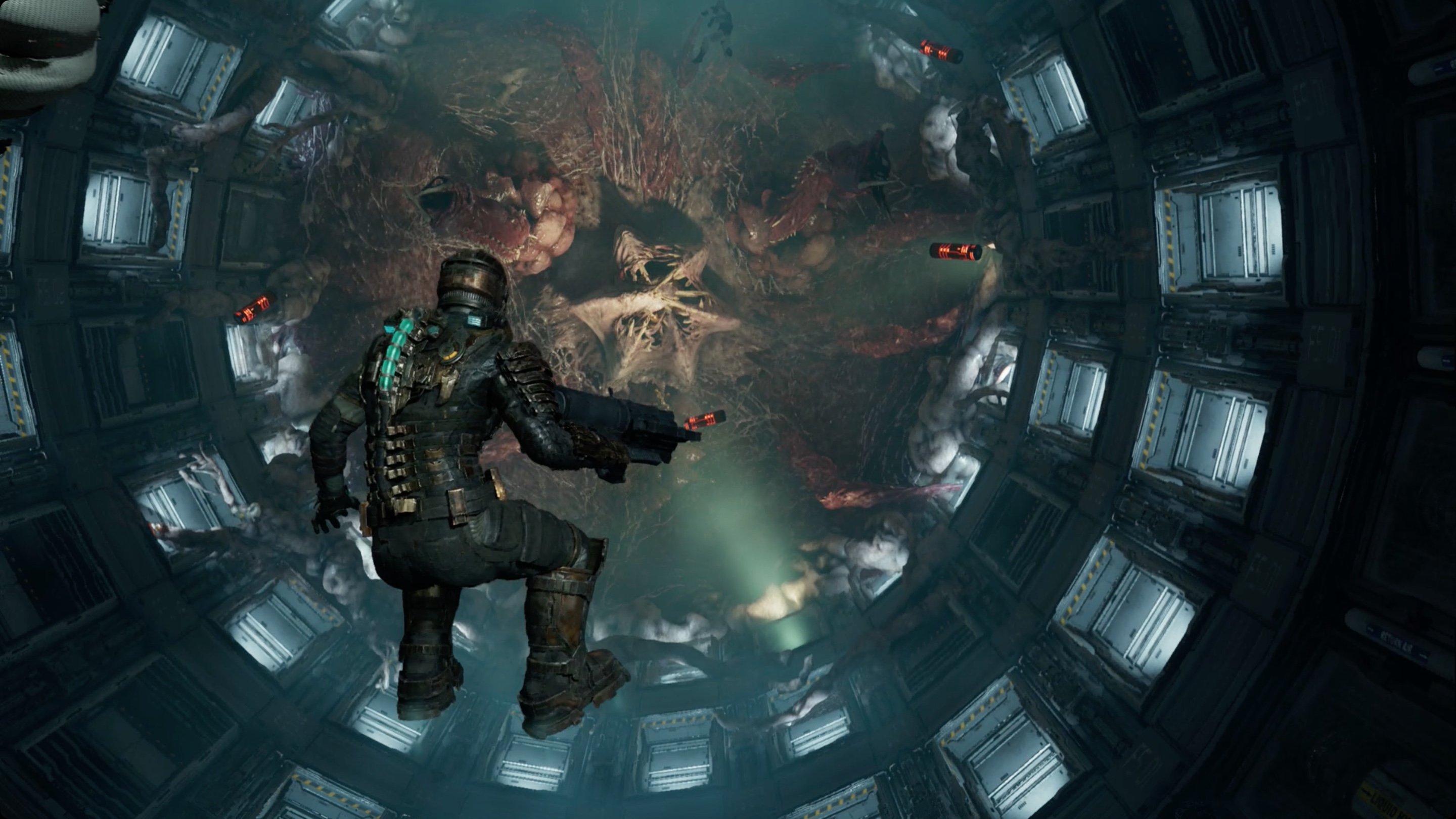 Dead Space Isaac floating in a round room in front of the Leviathan necromorph