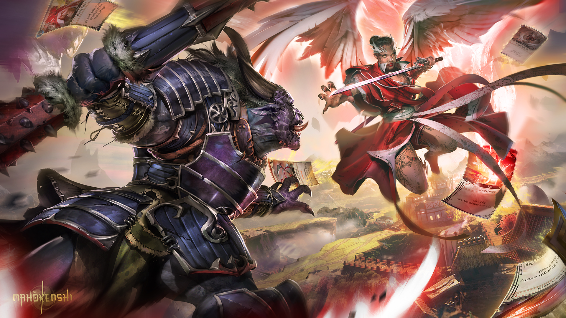 Illustration of a winged female samurai in a red robe confronting a beat-like warrior with horns and tusks