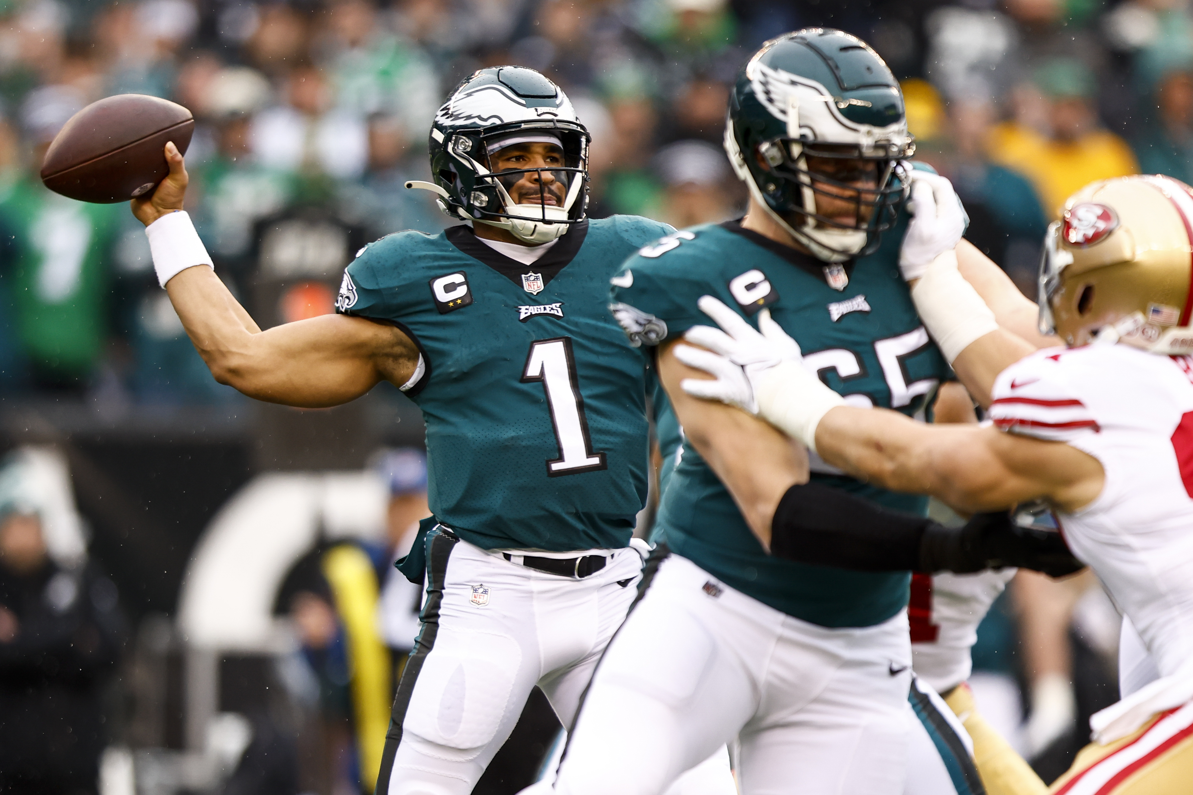 Jalen Hurts of the Philadelphia Eagles throws a pass during the first quarter of the NFC Championship NFL football game against the San Francisco 49ers at Lincoln Financial Field on January 29, 2023 in Philadelphia, Pennsylvania.