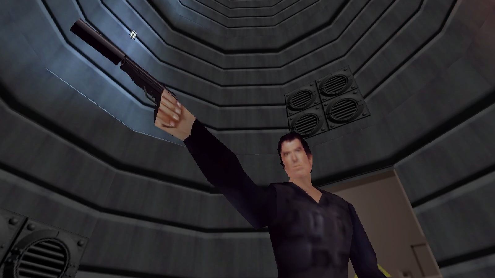 Polygonal James Bond 007 aiming at something in the distance and his hand isnt even holding the gun.