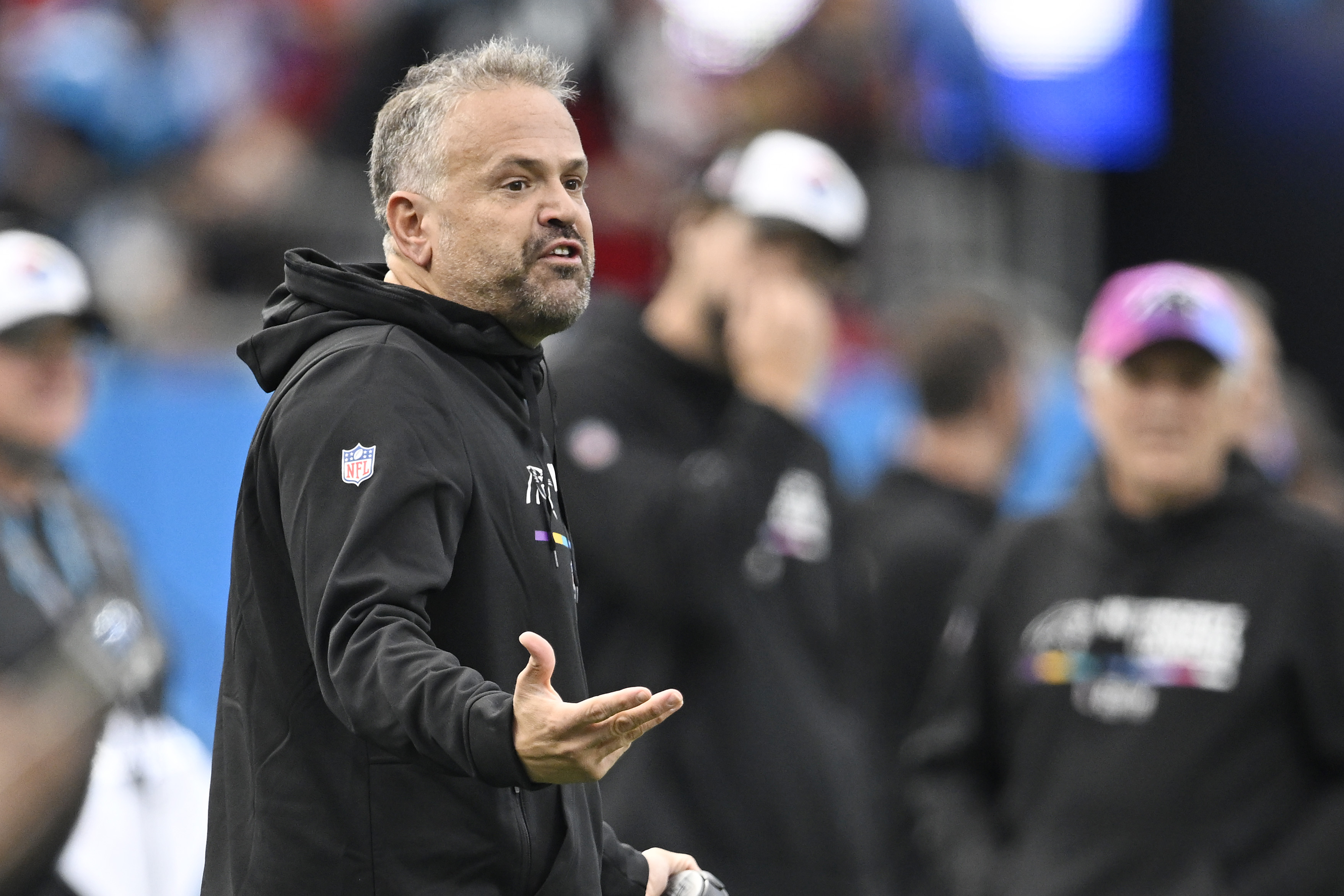 Head coach Matt Rhule of the Carolina Panthers talks with officials during the second quarter of the game against the San Francisco 49ers at Bank of America Stadium on October 09, 2022 in Charlotte, North Carolina.