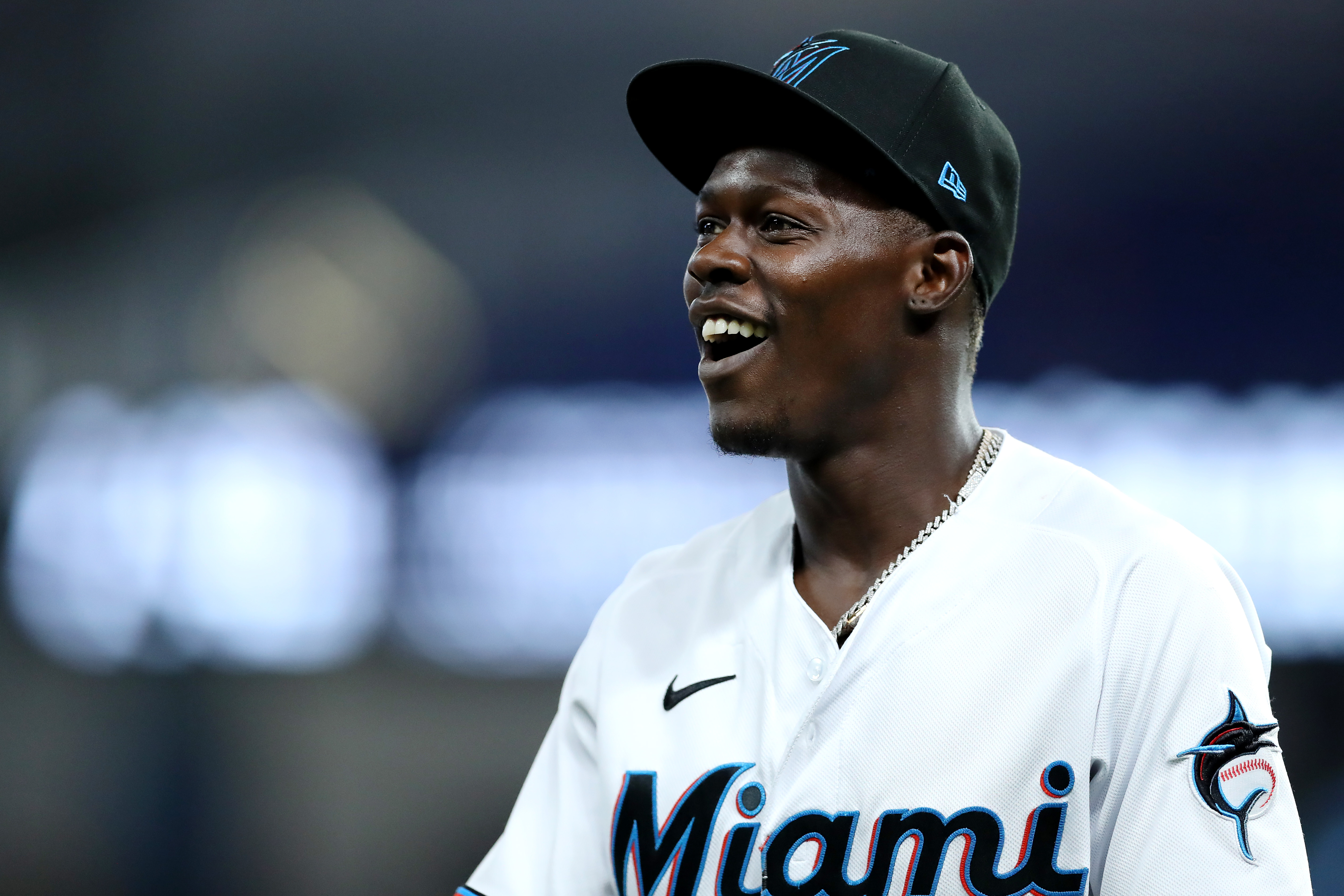 Jazz Chisholm Jr. #2 of the Miami Marlins reacts during the fourth inning against the St. Louis Cardinals at loanDepot park on April 21, 2022 in Miami, Florida.