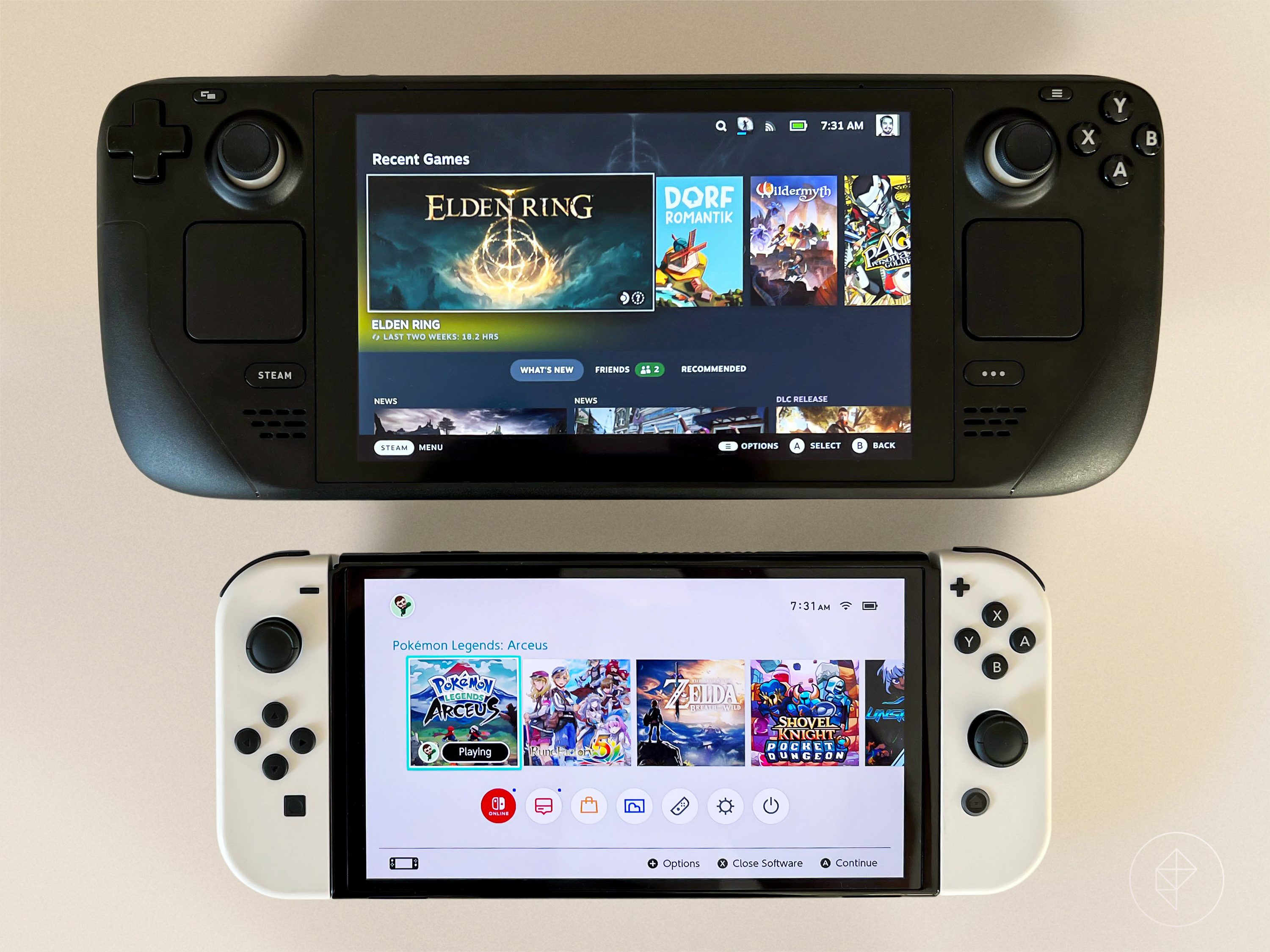 Photo of Steam Deck hand-held gaming device and Nintendo Switch for comparison