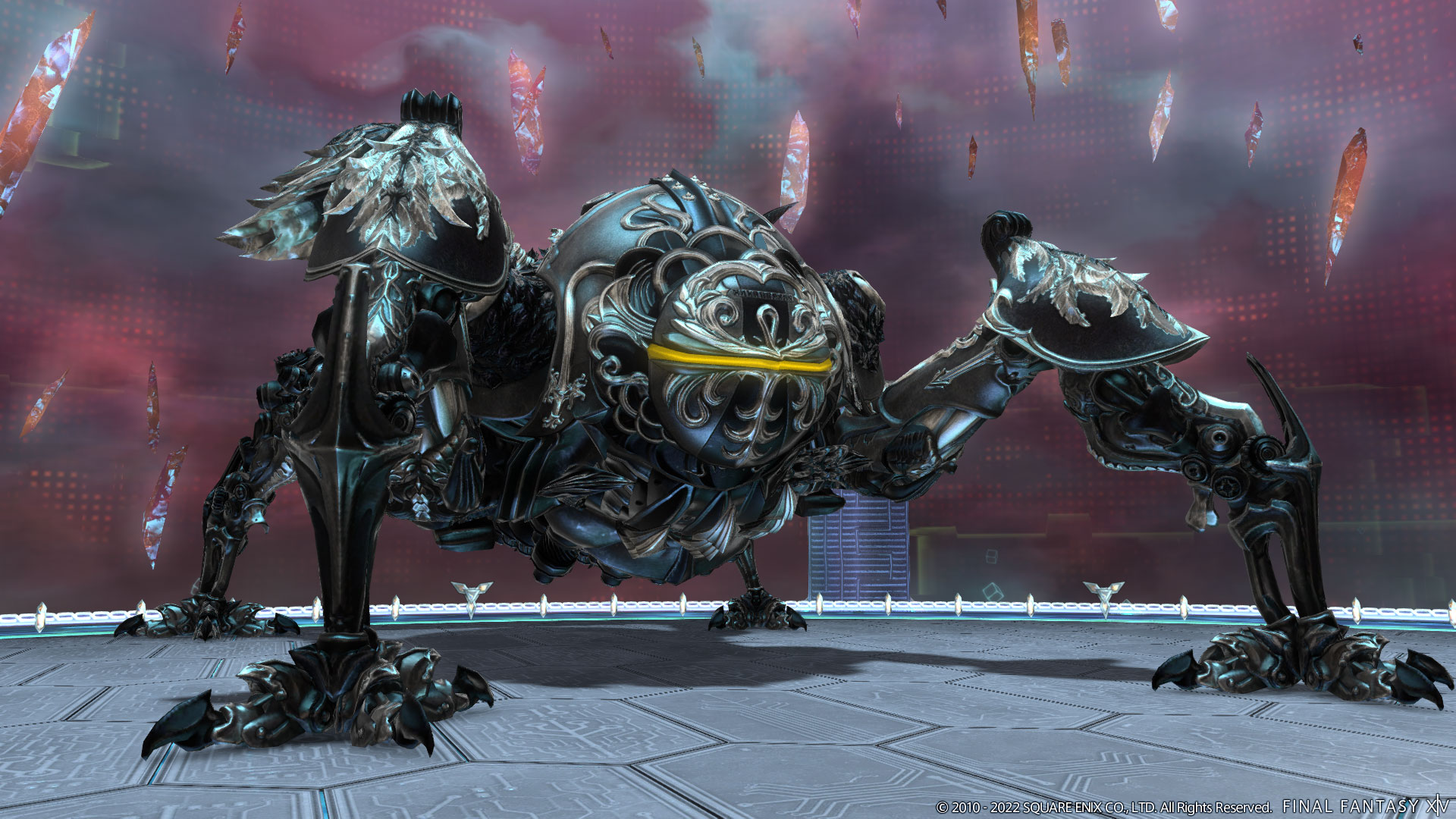 An image of the Omega Protocol (Ultimate) boss in Final Fantasy 14. It looks like a giant armored machine with four legs. 