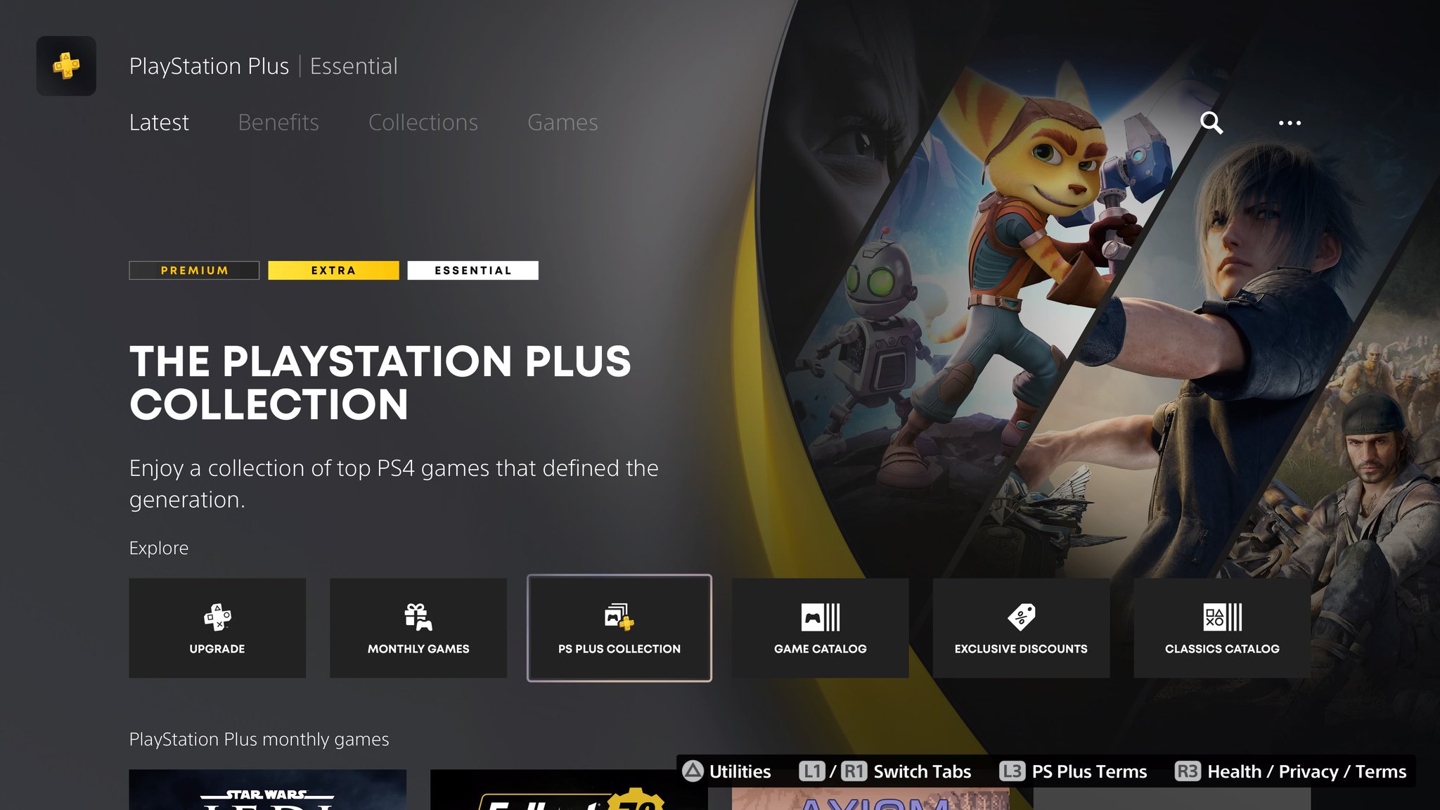 A screenshot of the PlayStation Plus Collection menu on a PlayStation 5, with artwork from Ratchet &amp; Clank, Final Fantasy 15, and Days Gone on the right hand side.