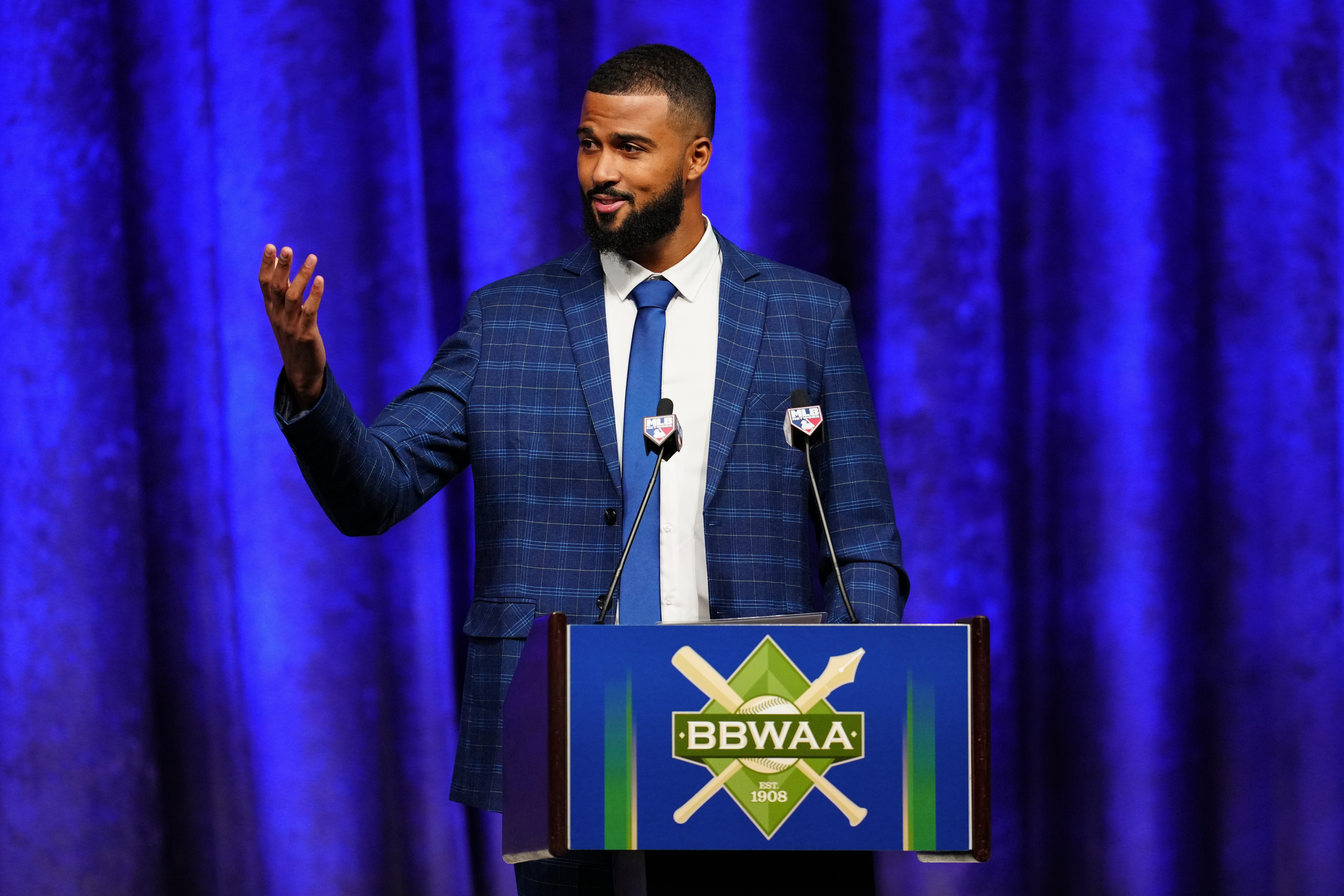 Sandy Alcantara #22 of the Miami Marlins speaks to the crowd after receiving the 2022 National League Cy Young Award during the 2023 BBWAA Awards Dinner at New York Hilton Midtown on Saturday, January 28, 2023 in New York, New York.