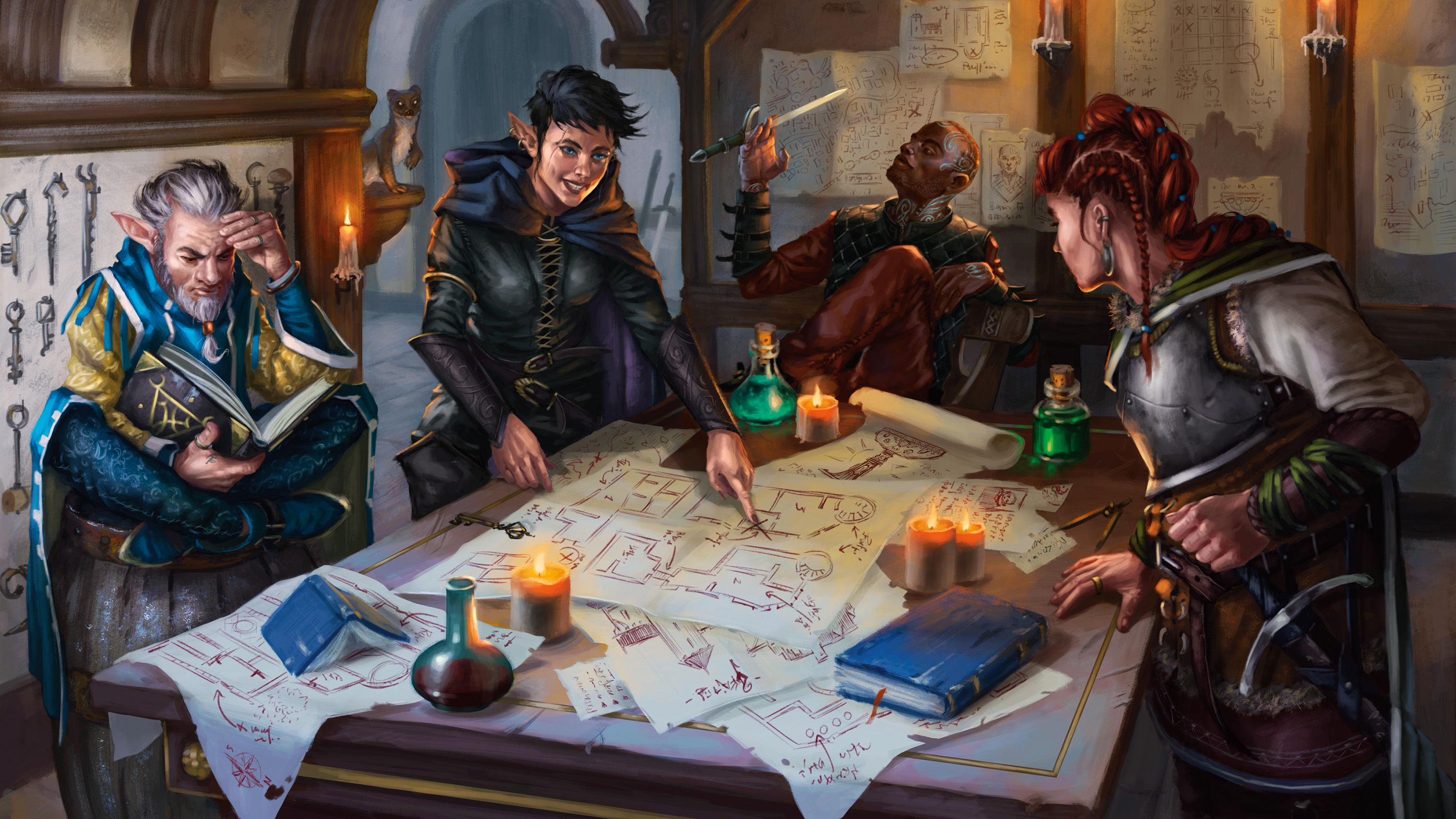 A group of four adventurers puzzle of a map. Candles burn, while a ferret peers in from the adjoining room.