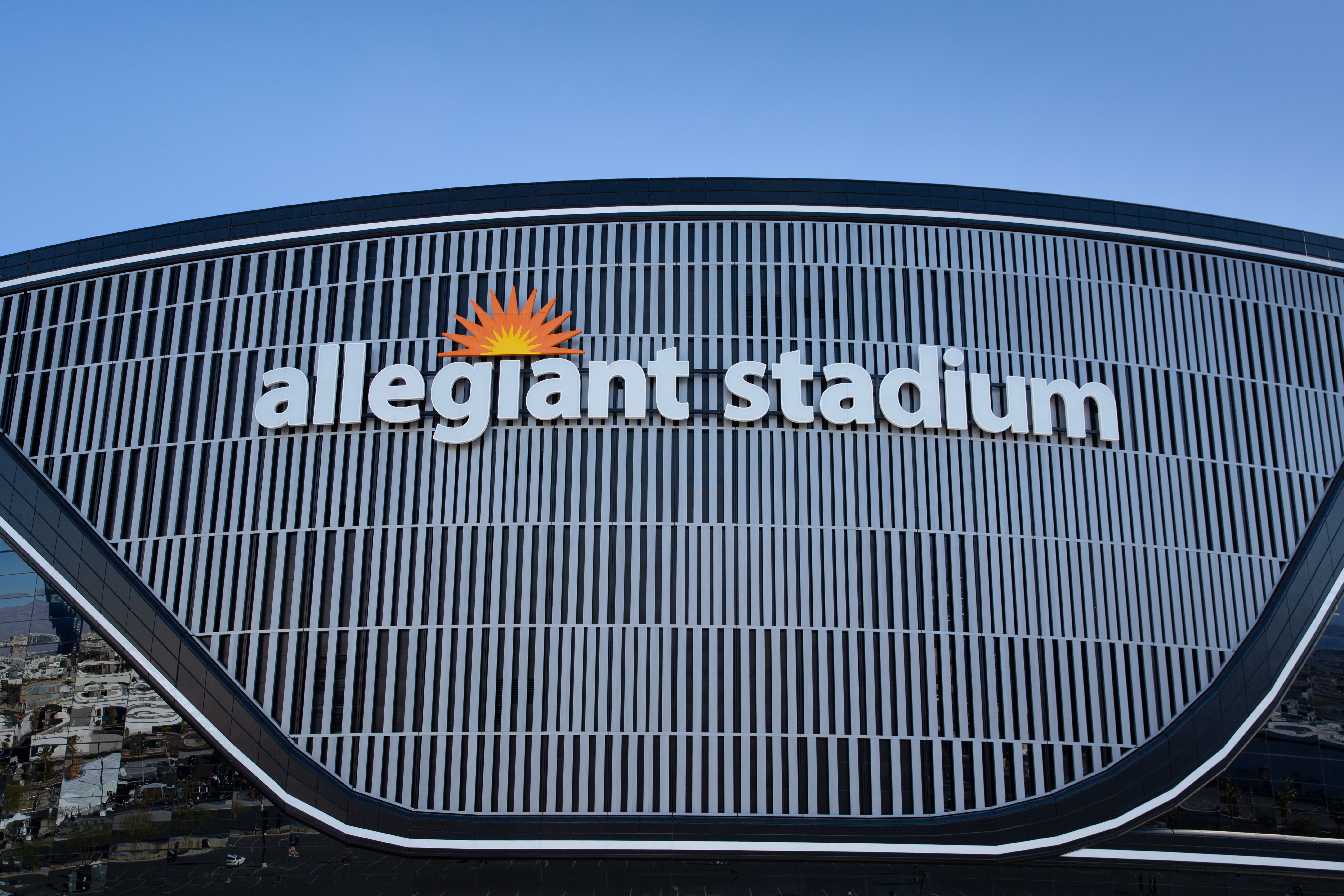 The sleek, silver and black steel and glass Allegiant Stadium plays host to Sunday Night Football between the Las Vegas Raiders and Los Angeles Chargers on January 9, 2022 in Las Vegas, Nevada. 