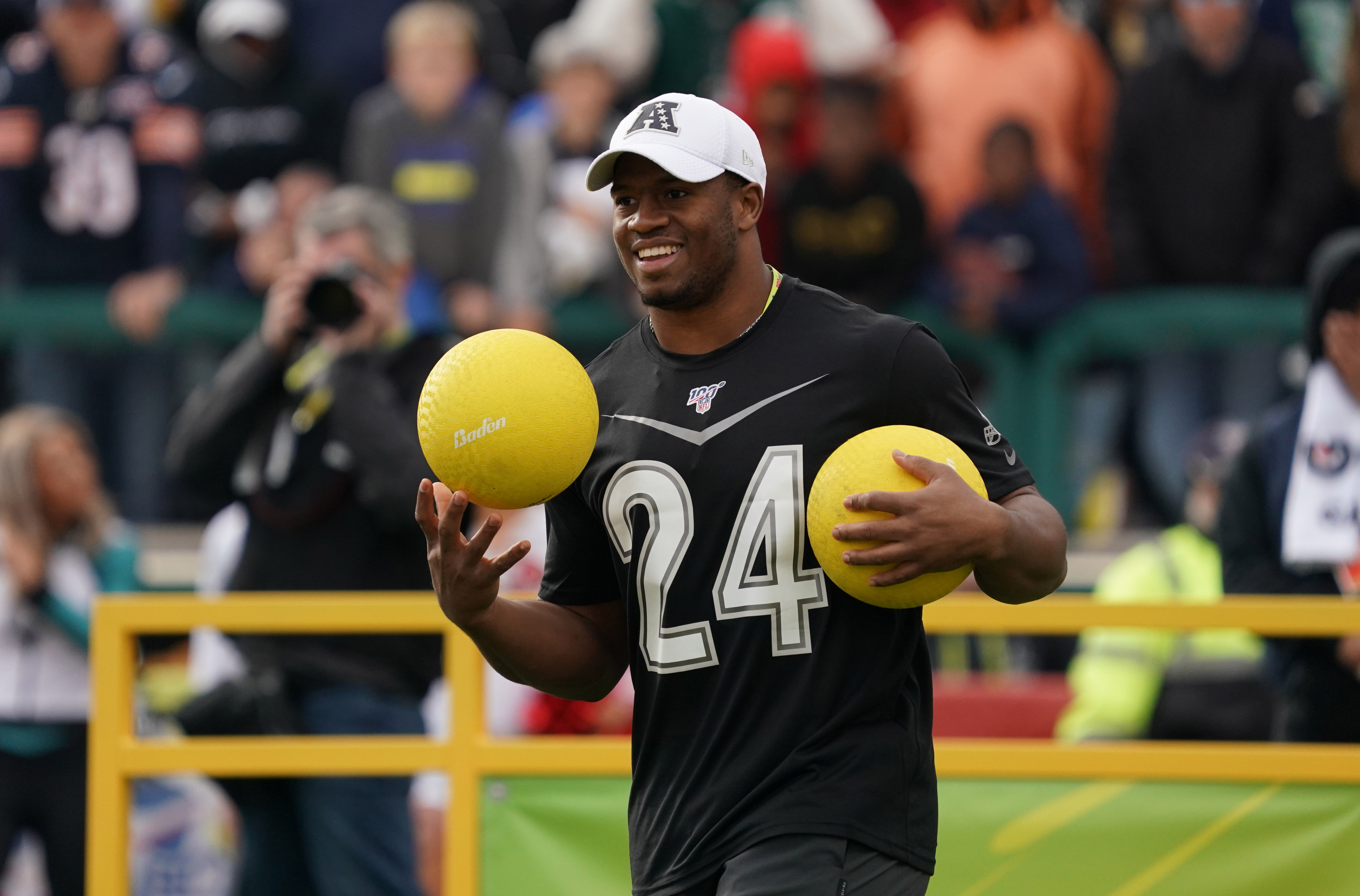 Cleveland Browns running back Nick Chubb (24) during the dodgeball competition at the Pro Bowl Skills Showdown at ESPN Wide World of Sports.