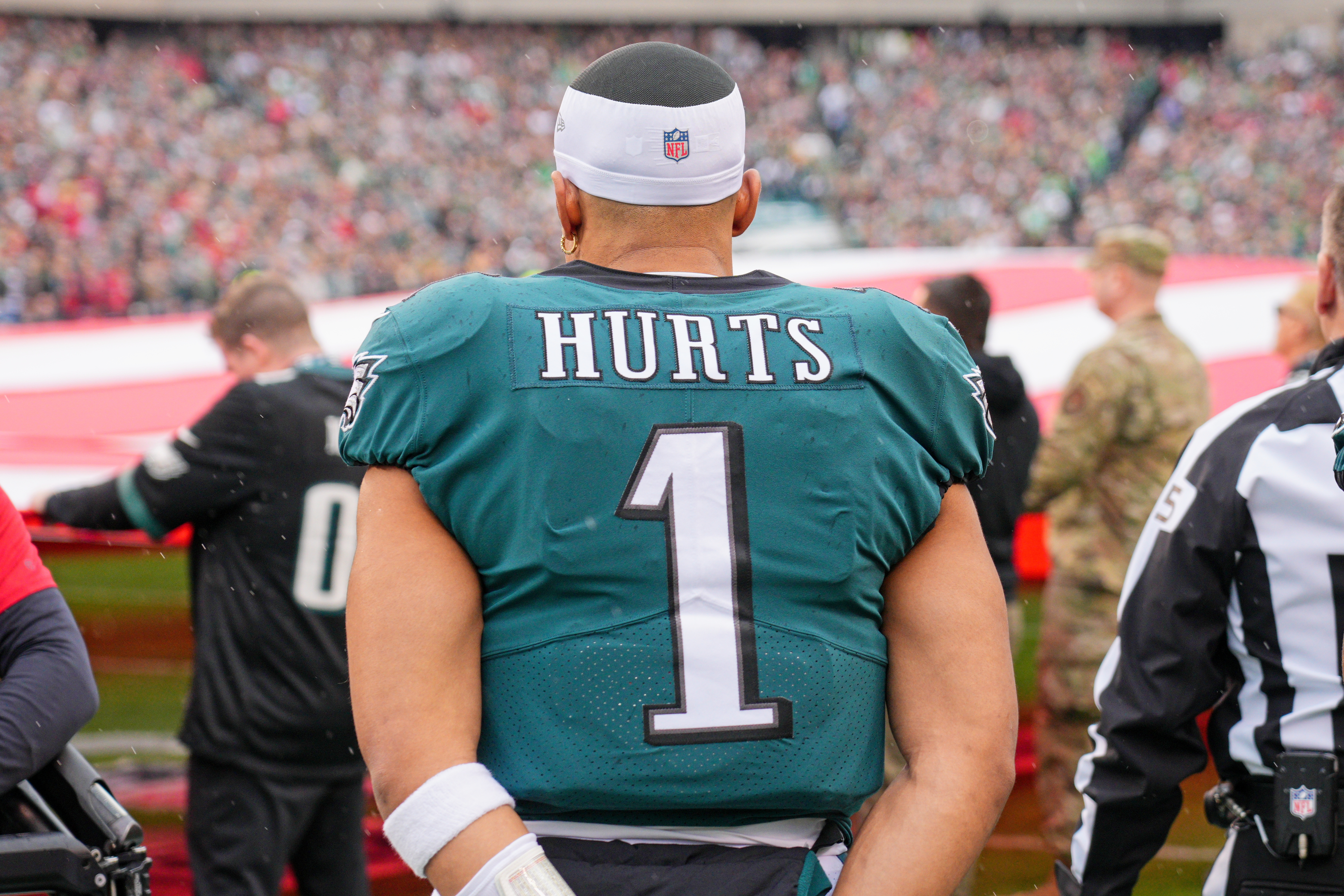 Philadelphia Eagles quarterback Jalen Hurts (1) looks on during the Championship game between the San Fransisco 49ers and the Philadelphia Eagles on January 29, 2023.