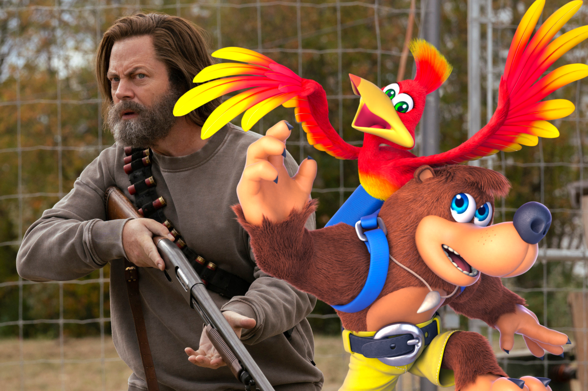 nick offerman as a gruff survivalist holding a rifle; next to him are the bear and bird of banjo-kazooie as seen in super smash bros ultimate