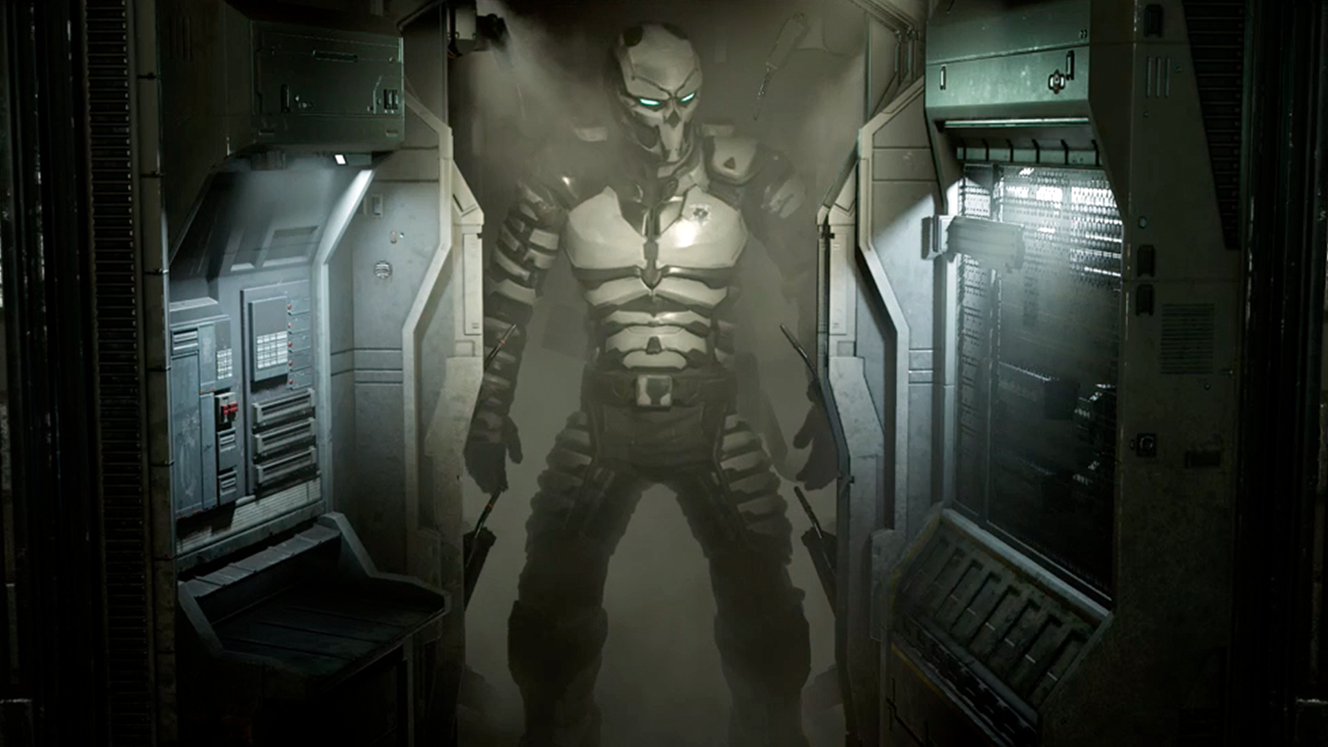 Dead Space Isaac stepping out of a Shop in the Advanced Soldier Rig (Level 6) Suit.