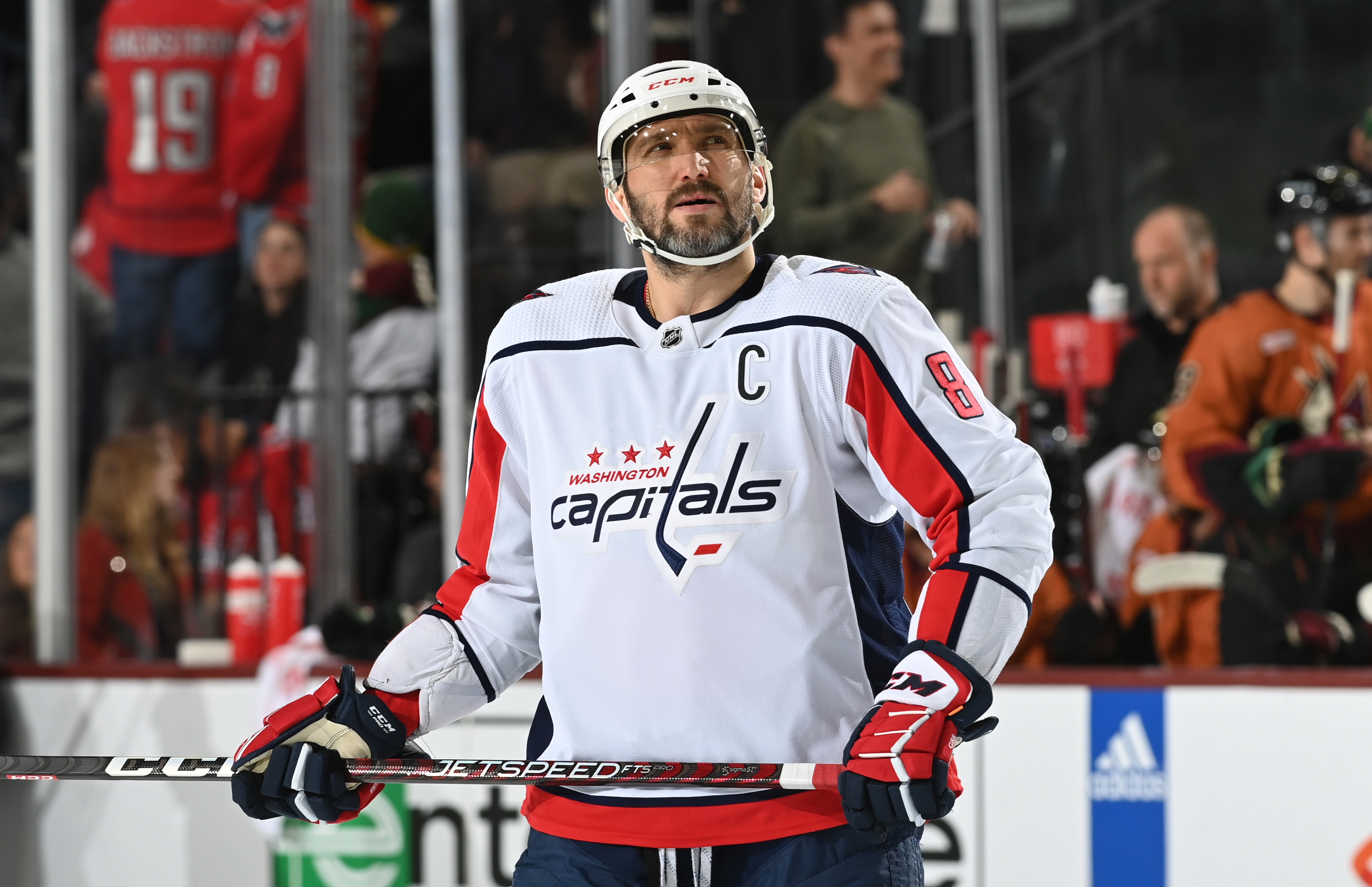 Alex Ovechkin of the Washington Capitals looks up at the scoreboard during a stop in play against the Arizona Coyotes at Mullett Arena on January 19, 2023 in Tempe, Arizona.