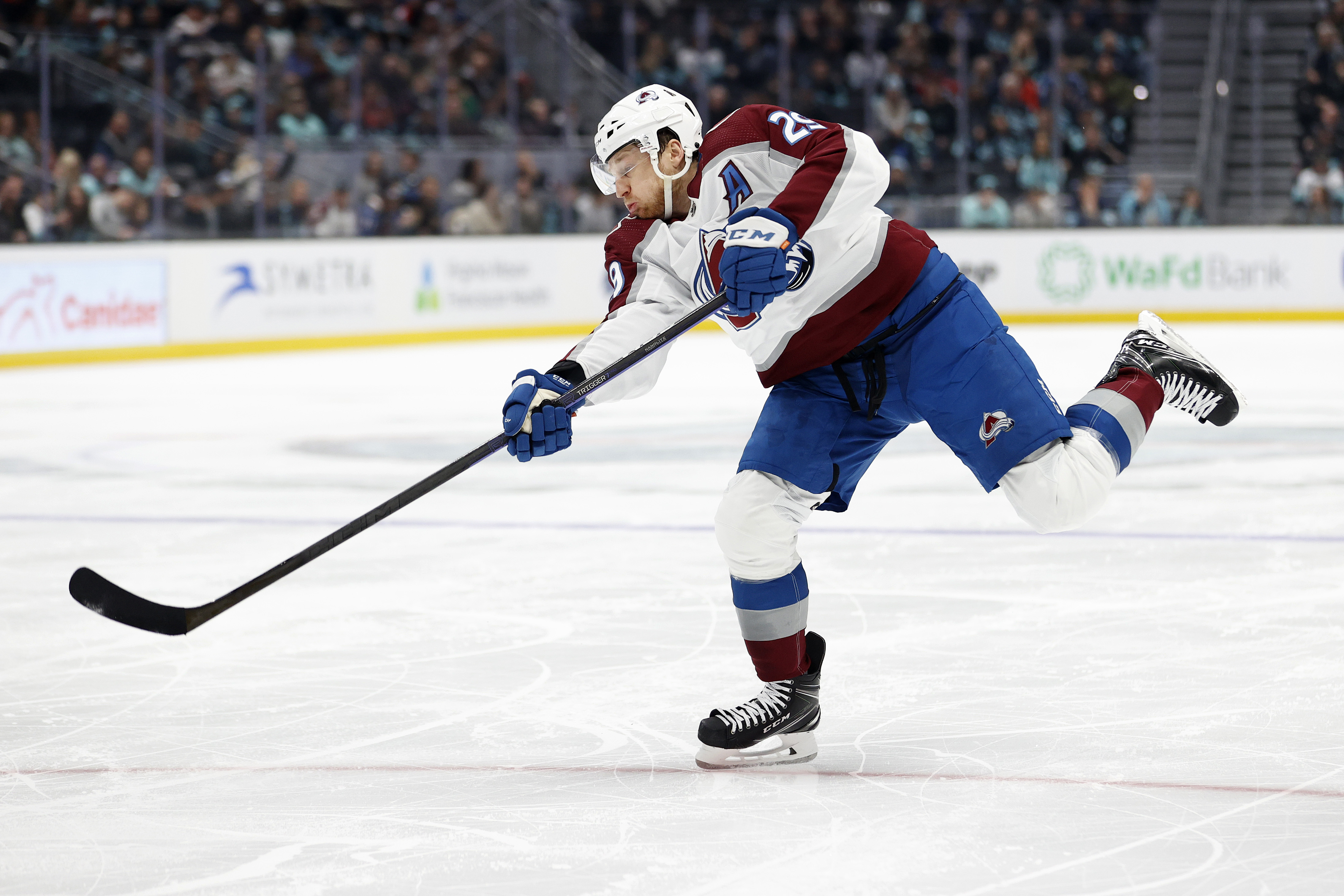 Nathan MacKinnon of the Colorado Avalanche shoots against the Seattle Kraken during the first period at Climate Pledge Arena on January 21, 2023 in Seattle, Washington.