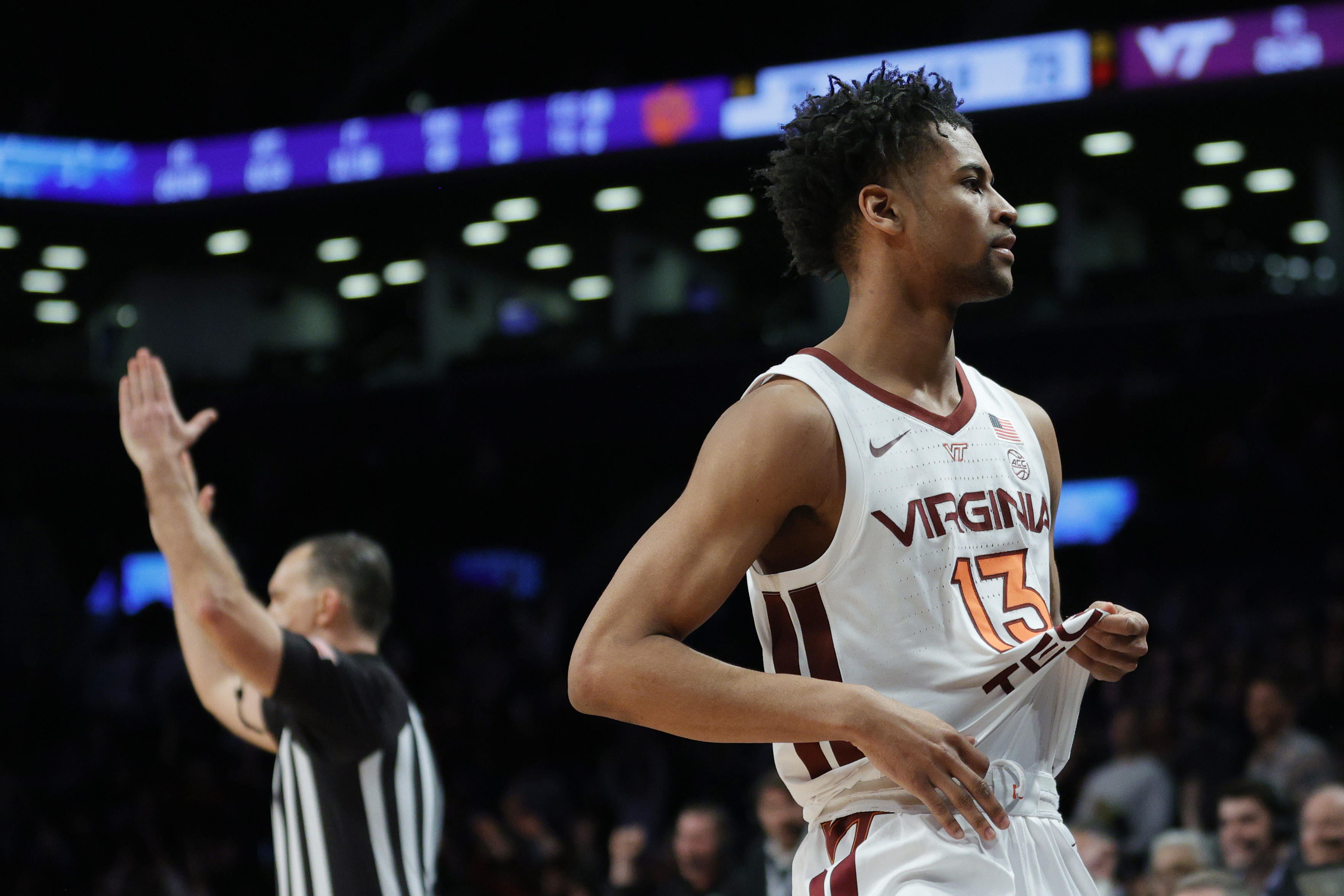 Darius Maddox reacts after his game-winning three-point basket during overtime against the Clemson Tigers in the 2022 Men’s ACC Basketball Tournament - Second Round at Barclays Center on March 09, 2022 in the Brooklyn borough of New York City.