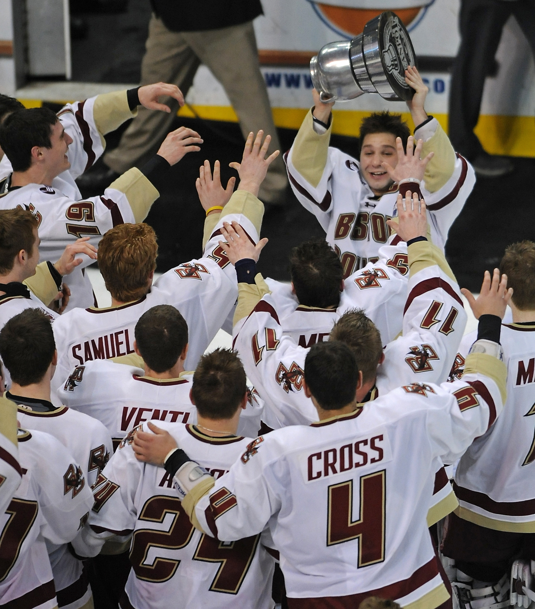 (Boston, MA) Boston College captain Joe Whitney presents the Beanpot trophy to his teammates after the Eagles defeated Northeastern in overtime during the Championship game of the 59th Beanpot Tournament at the TD Garden on Monday, February 14, 2011.