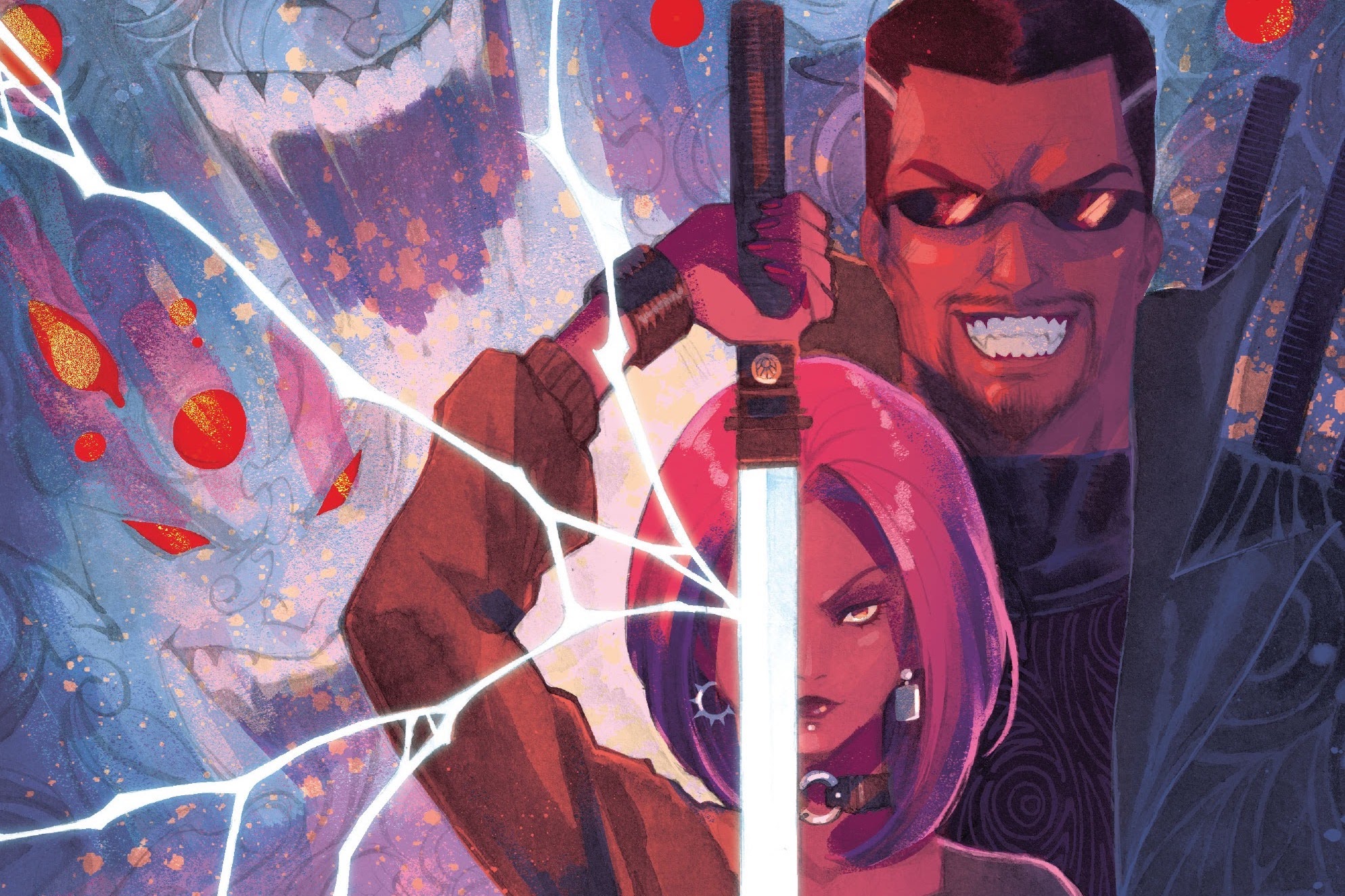 Blade bares his fangs in a grin as he stands behind his daughter Brielle, who draws a sick-ass katana that’s giving of lightning bolts and stuff on the cover of Bloodline: Daughter of Blade #1 (2023).