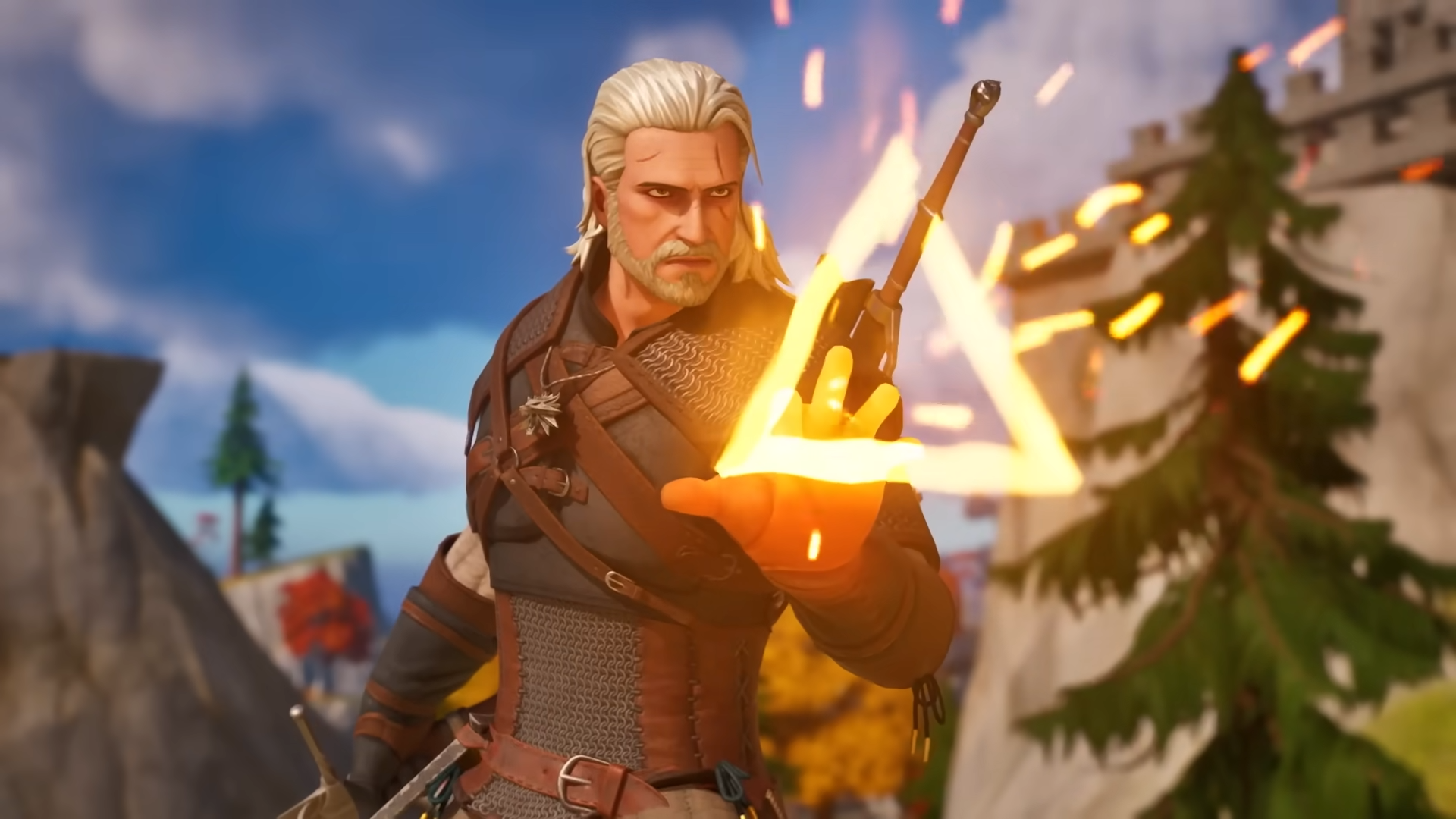 Geralt from The Witcher casting a sign in Fortnite