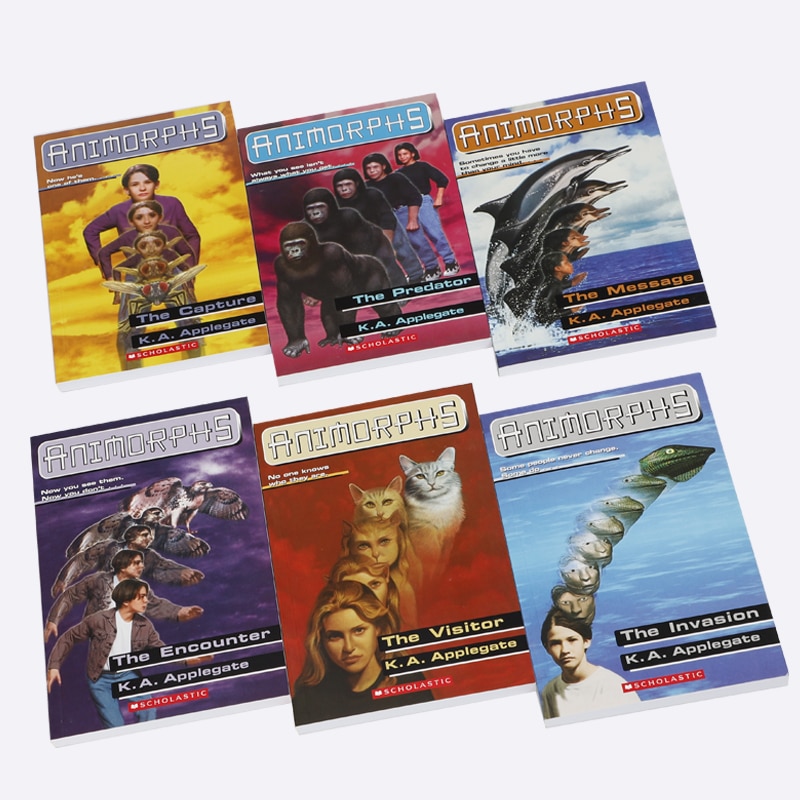 A photograph of the first six Animorphs books with their original covers, re-released by Scholastic in 2020