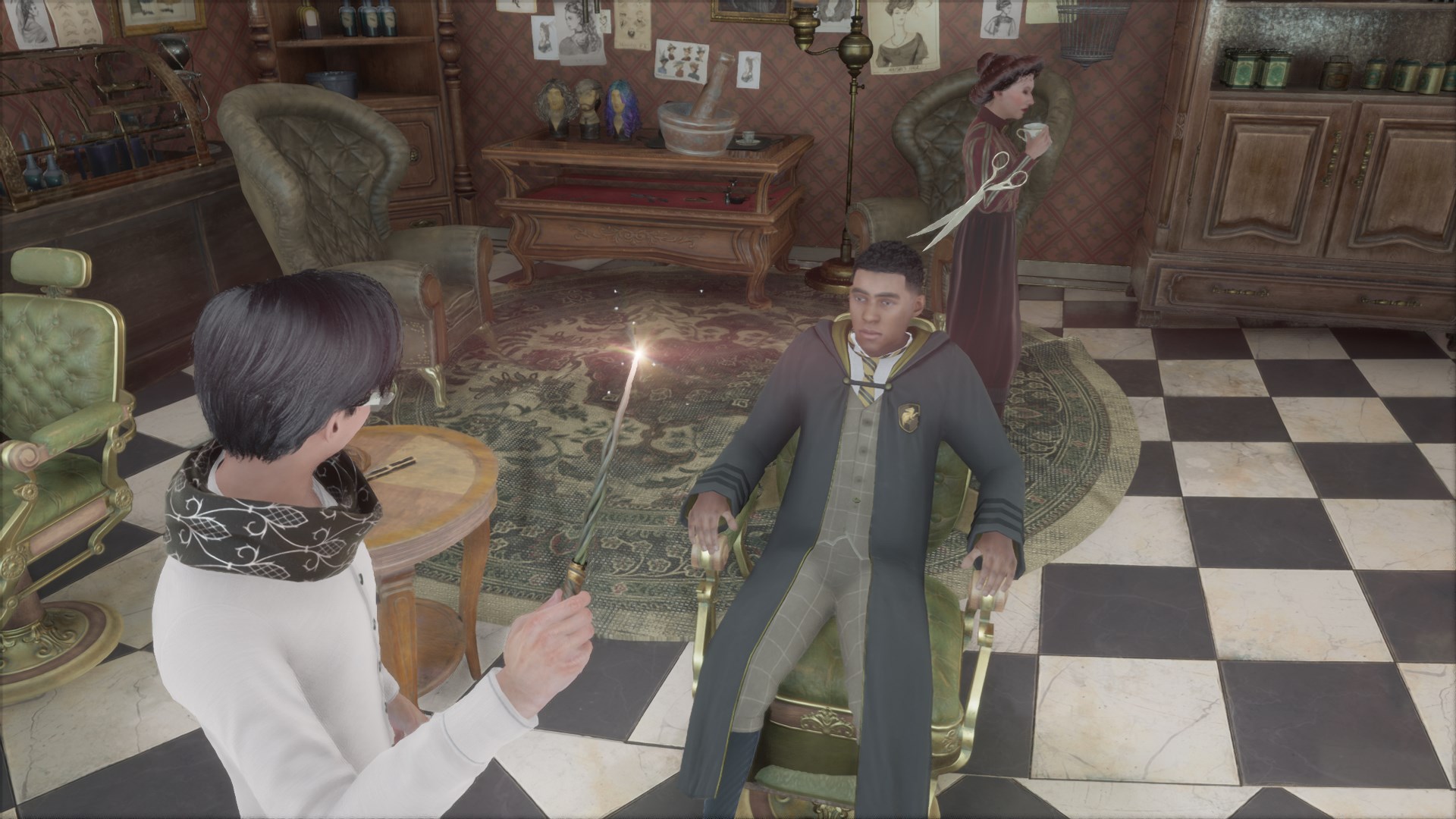 Student giving another student a haircut at Madam Snellings hair salon in Hogwarts Legacy.