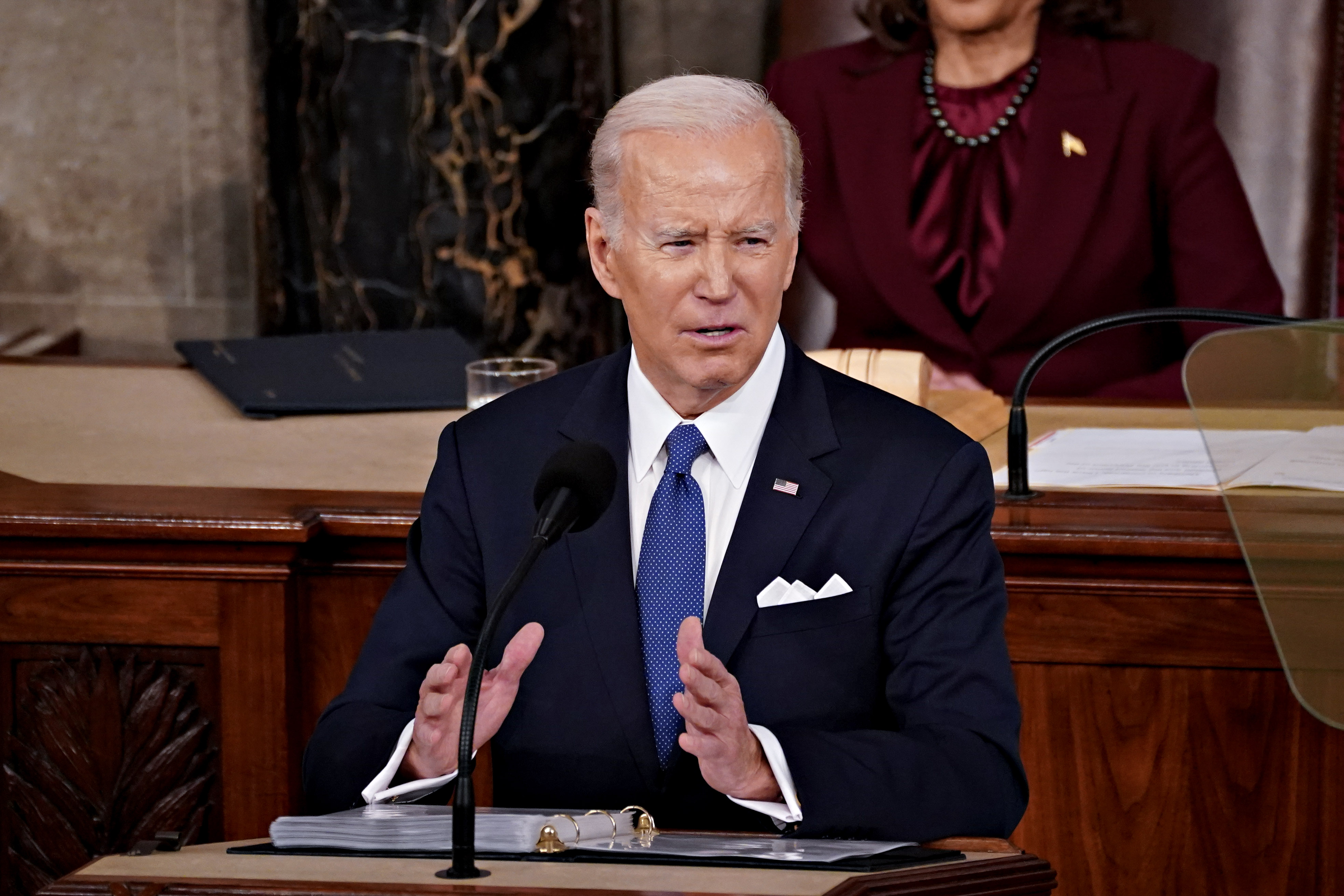US President Joe Biden speaks during a State of the Union address at the US Capitol in Washington, DC, US, on Tuesday, Feb. 7, 2023. 