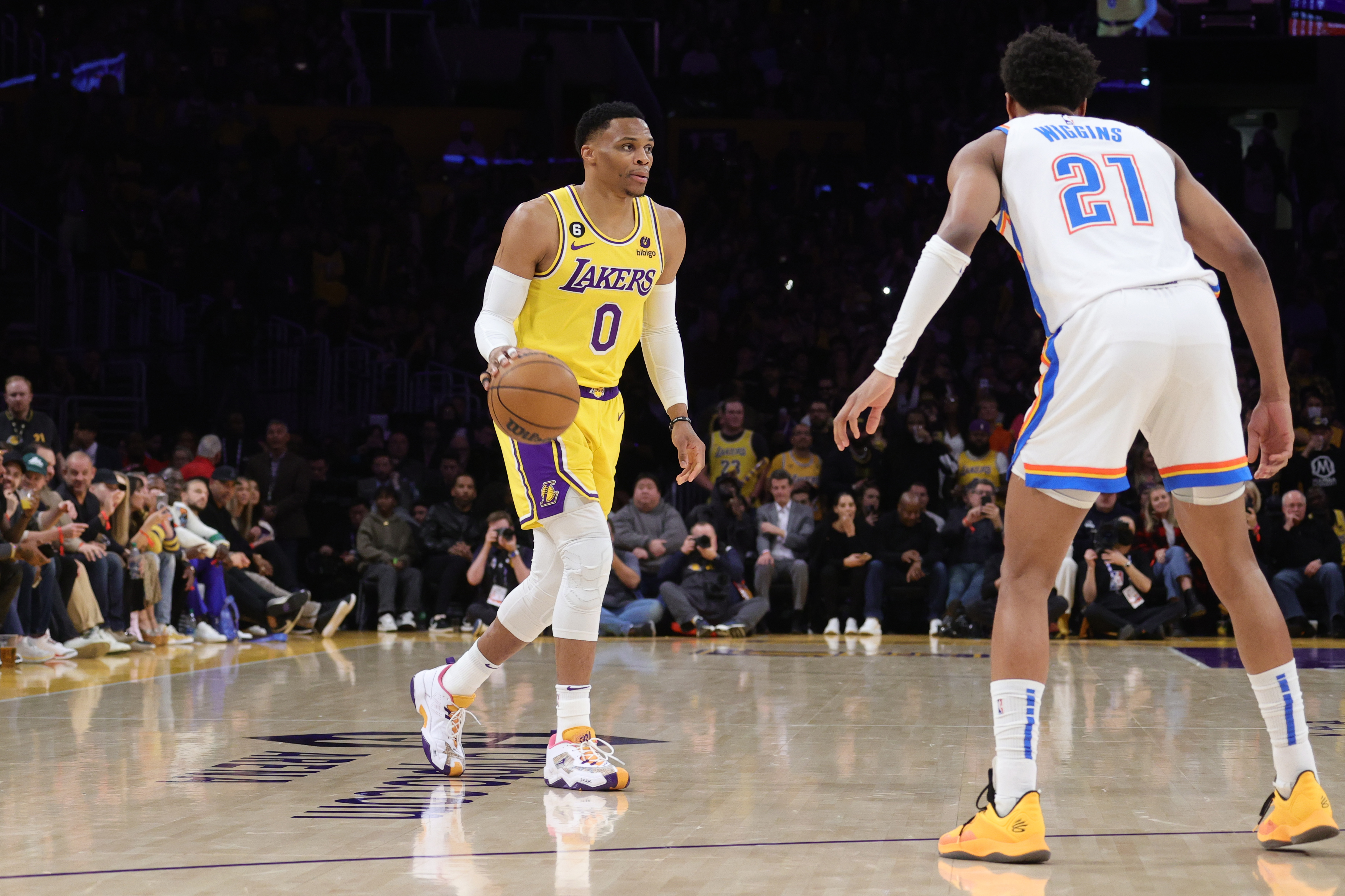 Russell Westbrook #0 of the Los Angeles Lakers dribbles the ball during the game against the Oklahoma City Thunder on February 7, 2023 at Crypto.Com Arena in Los Angeles, California.&nbsp;
