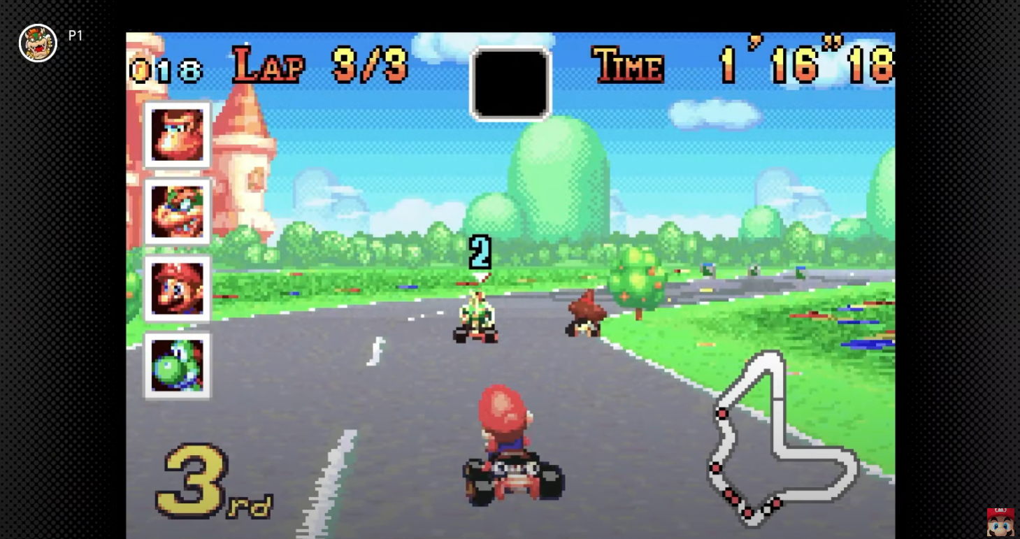 Mario races on a sunny day in Mario Kart: Super Circuit on the Nintendo Switch.